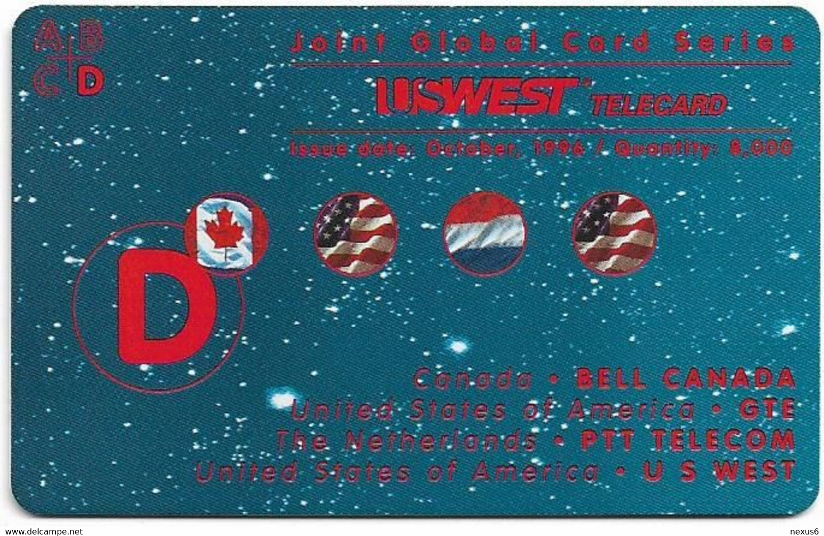 USA - U.S. West (Chip) - Joint Global Card Series Puzzle Piece 'D', 10.1996, 5$, 8.000ex, Mint - Chipkaarten