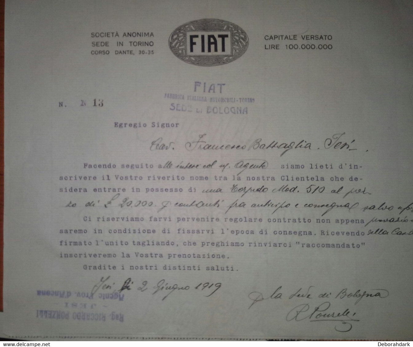 LETTERA CONFERMA ACQUISTO FIAT TORPEDO 510  ANNO 1919 - Italia