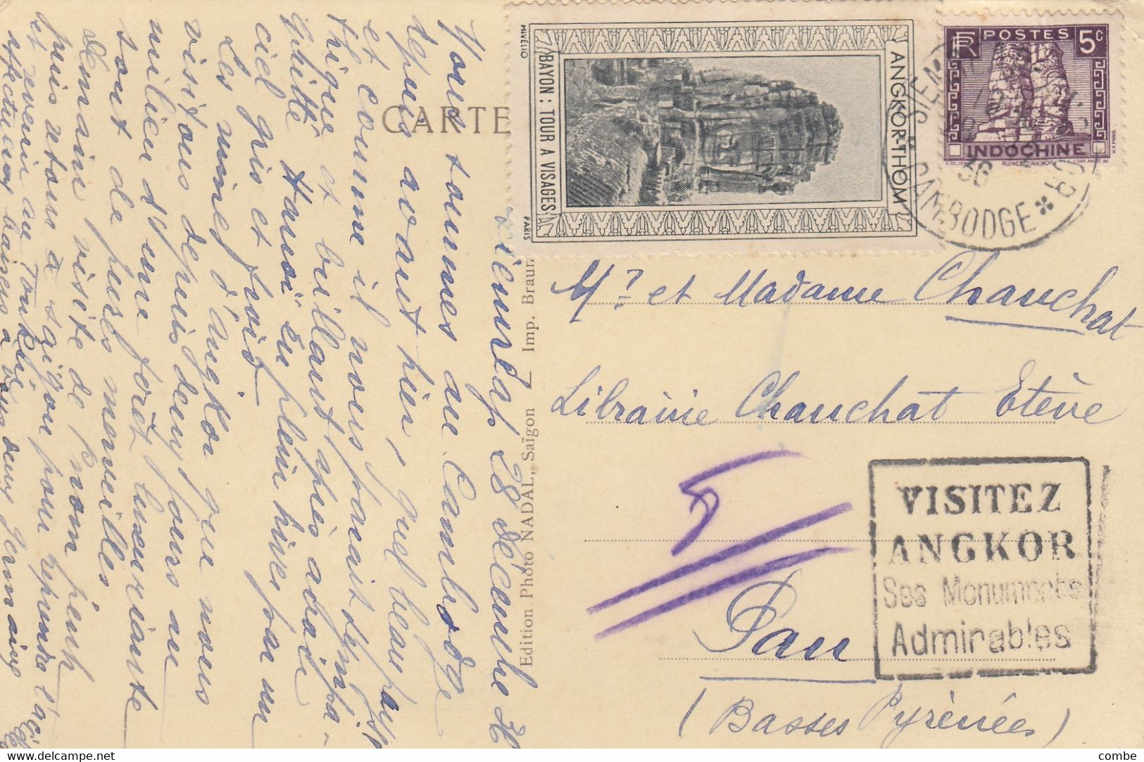 CARTE INDOCHINE. CAMBODGE. 1936. VIGNETTE ANGKOR-THOM. DAGUIN SIENRAP VISITEZ ANGKOR. POUR PAU - Lettres & Documents