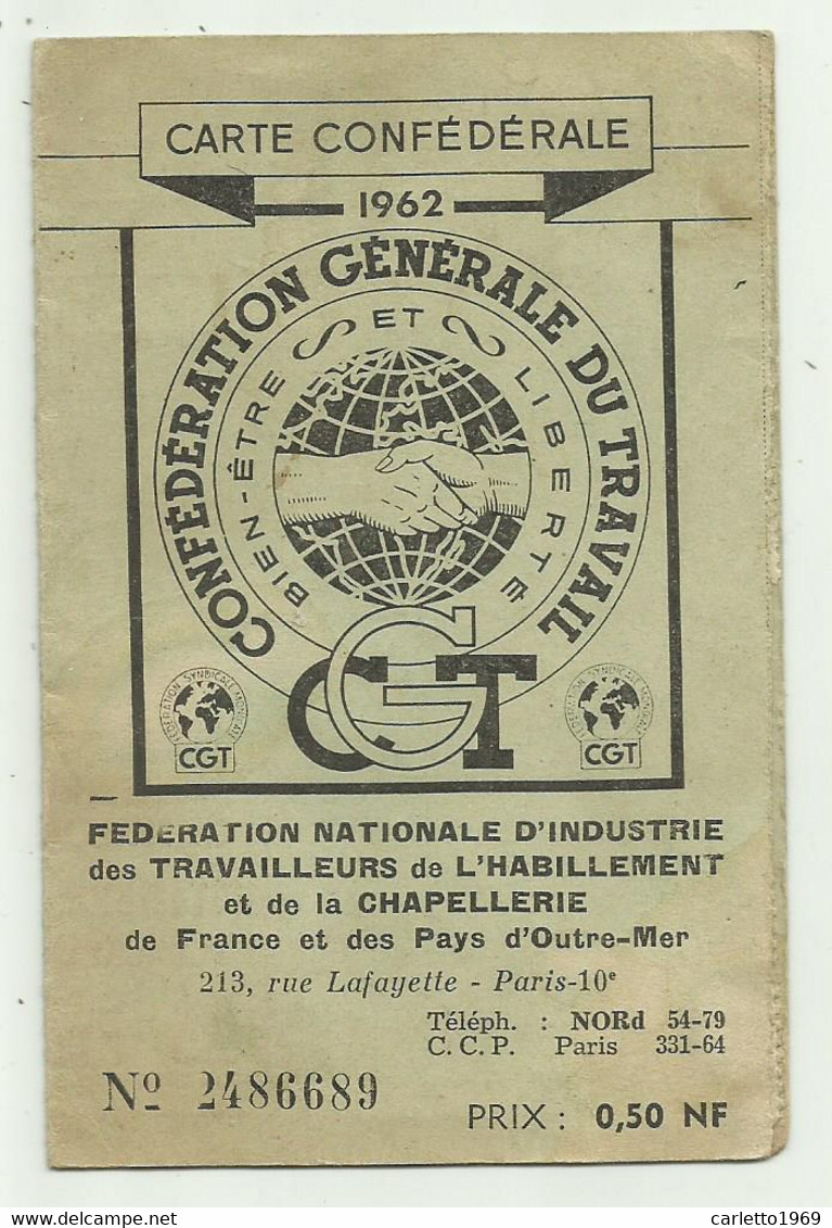 CARTE CONFEDERATION GENERALE DU TRAVAIL 1962 - Collezioni