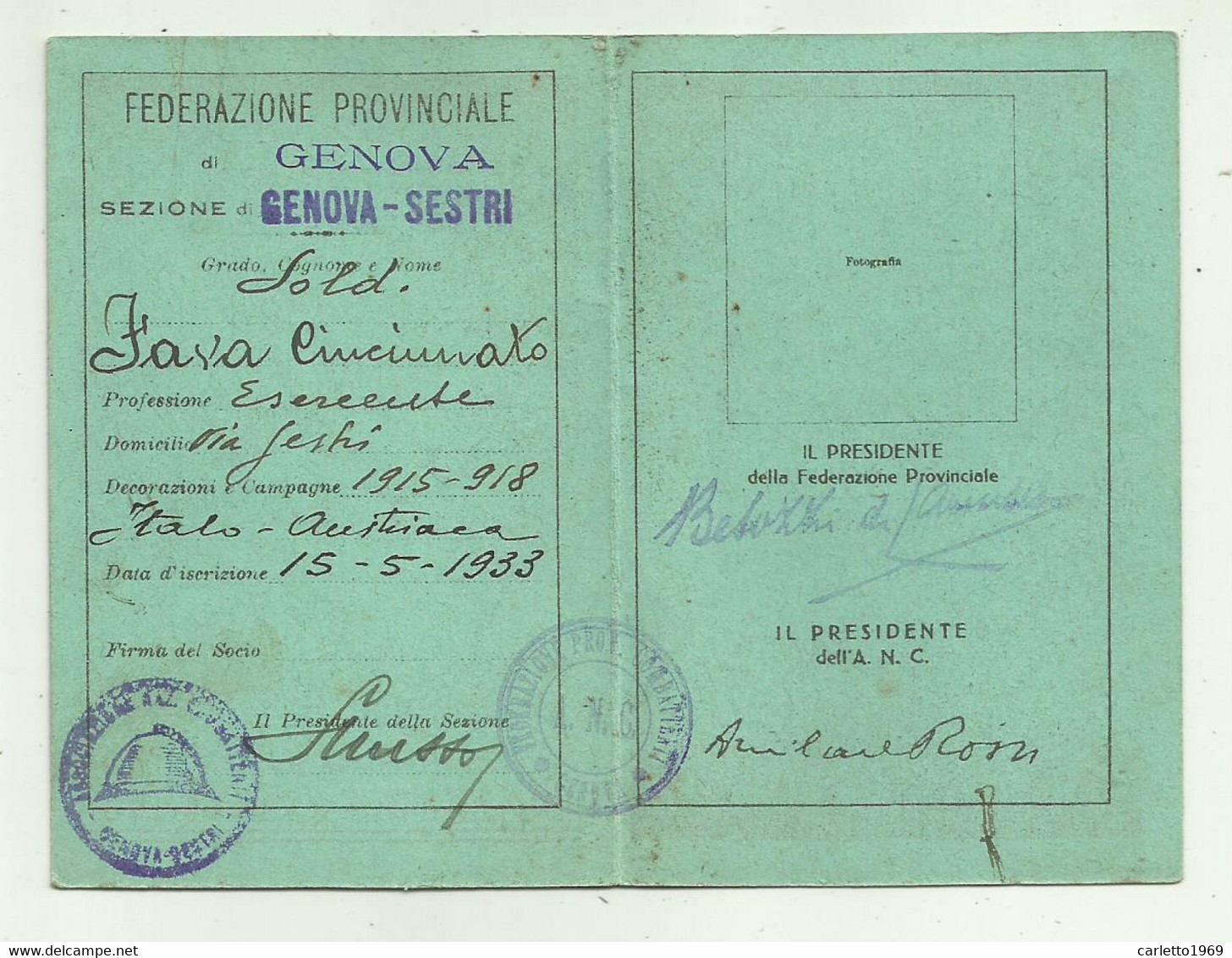 ASSOCIAZIONE NAZIONALE COMBATTENTI ANNO 1941   SEZIONE GENOVA SESTRI - Collections