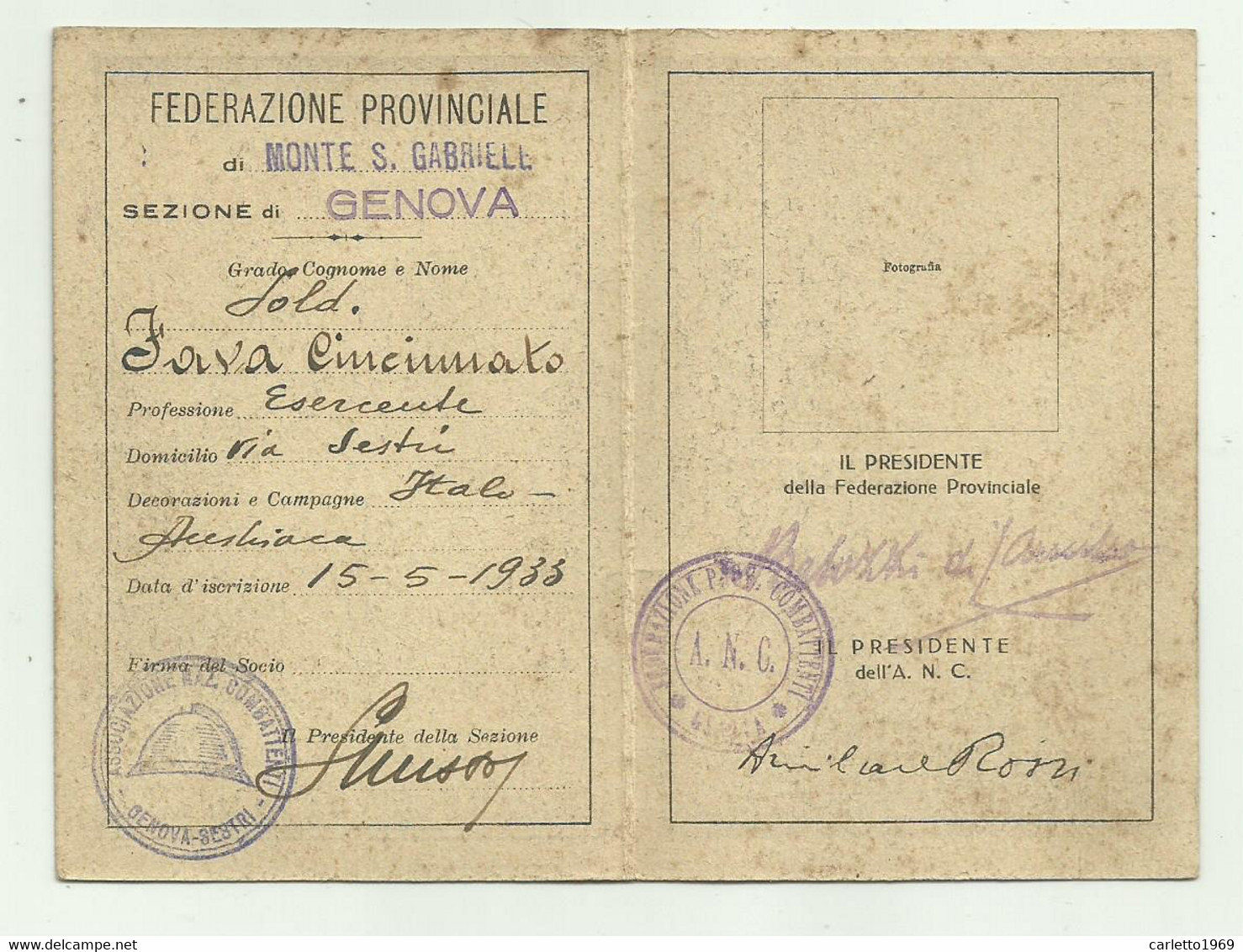 ASSOCIAZIONE NAZIONALE COMBATTENTI ANNO 1940   SEZIONE GENOVA SESTRI - Verzamelingen