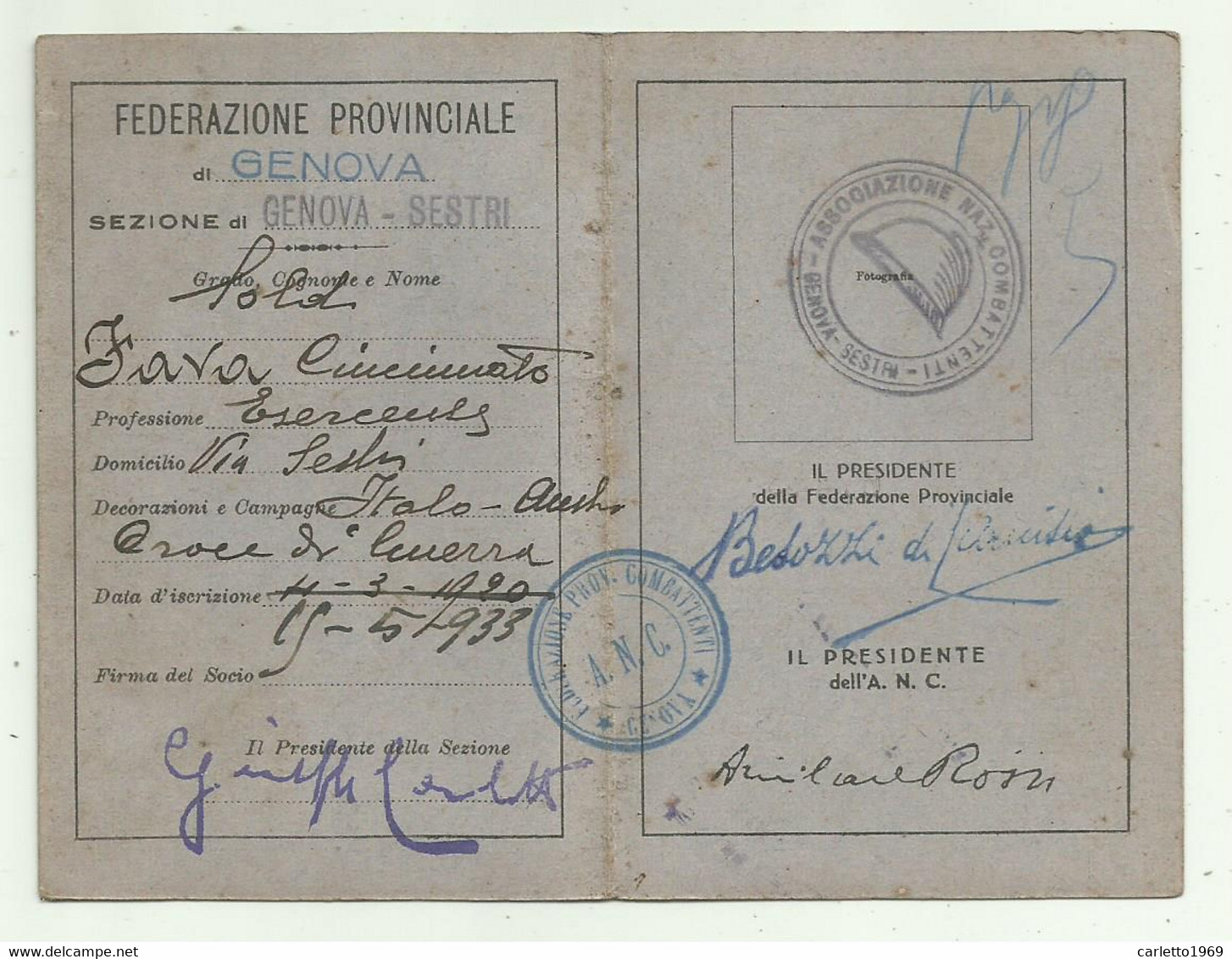 ASSOCIAZIONE NAZIONALE COMBATTENTI ANNO 1936  SEZIONE GENOVA SESTRI - Collezioni