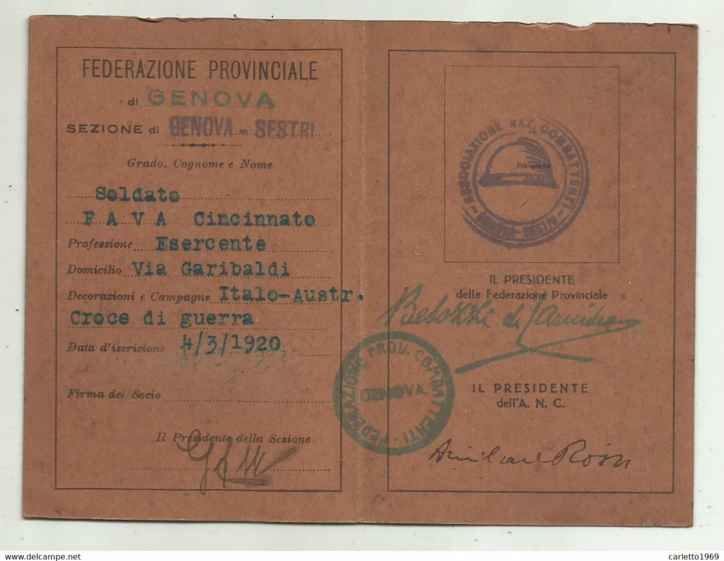 ASSOCIAZIONE NAZIONALE COMBATTENTI ANNO 1935  SEZIONE GENOVA SESTRI - Collections