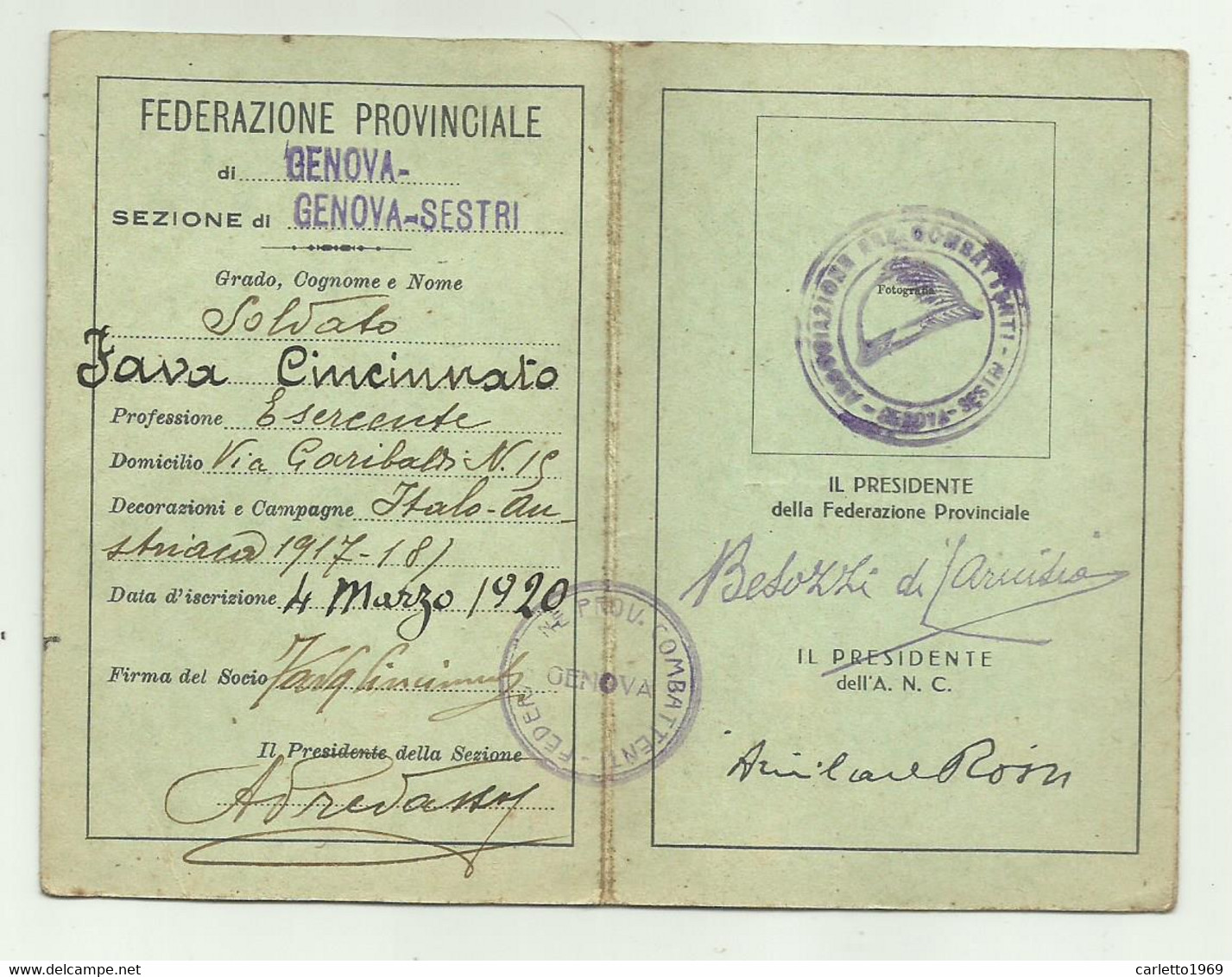 ASSOCIAZIONE NAZIONALE COMBATTENTI ANNO 1933 SEZIONE GENOVA SESTRI - Collections