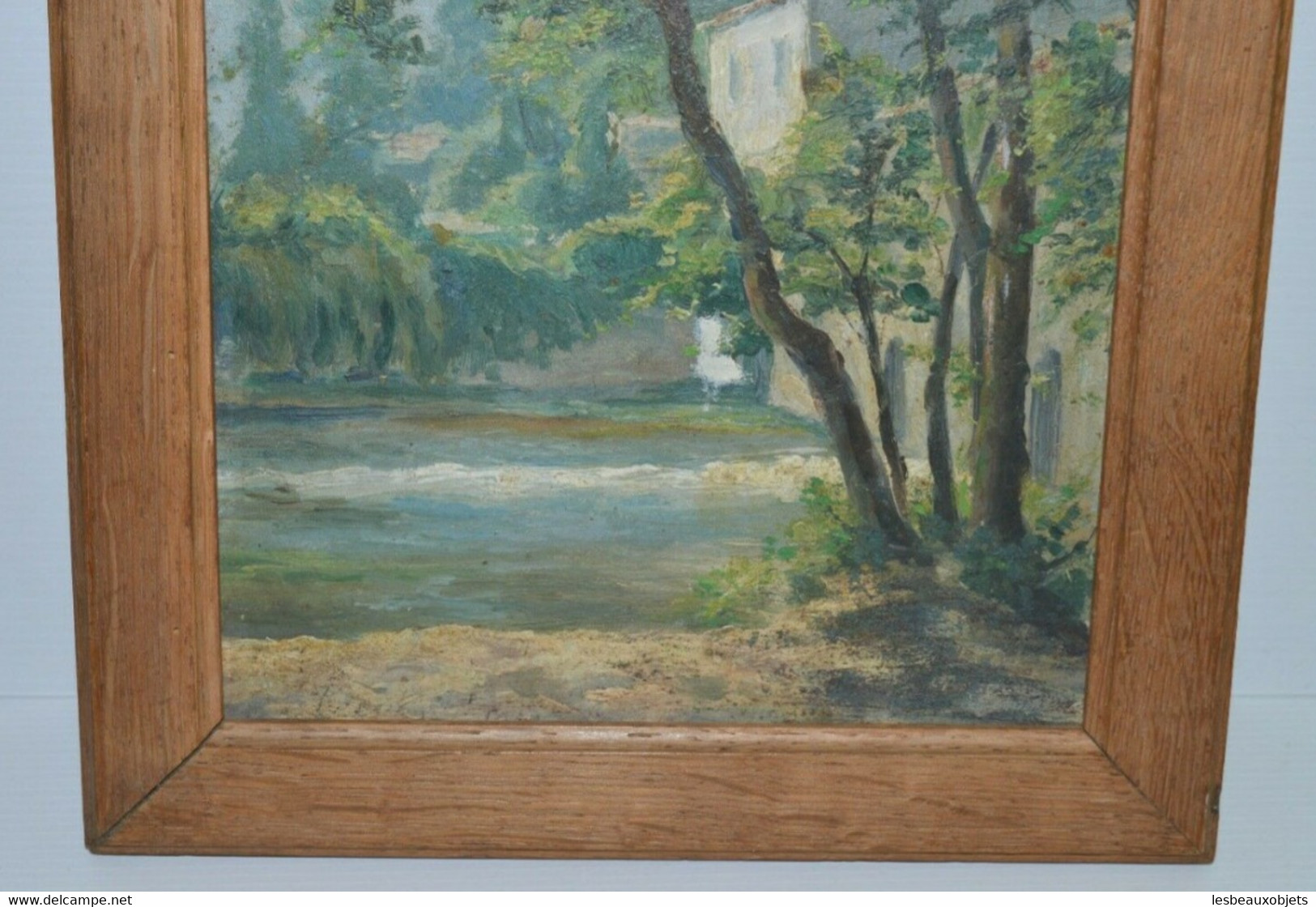 TABLEAU Sur PANNEAU HSP XXe Cadre Chêne PAYSAGE MAISON Au Bord De L'eau 1950 - Olii