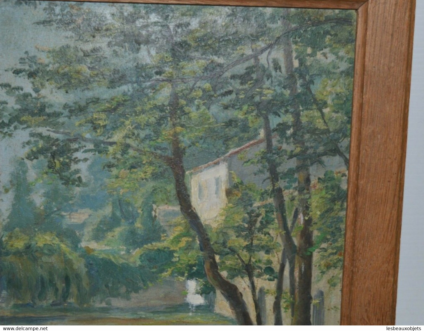 TABLEAU sur PANNEAU HSP XXe Cadre Chêne PAYSAGE MAISON au bord de l'eau 1950