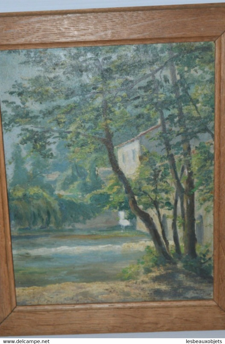 TABLEAU sur PANNEAU HSP XXe Cadre Chêne PAYSAGE MAISON au bord de l'eau 1950