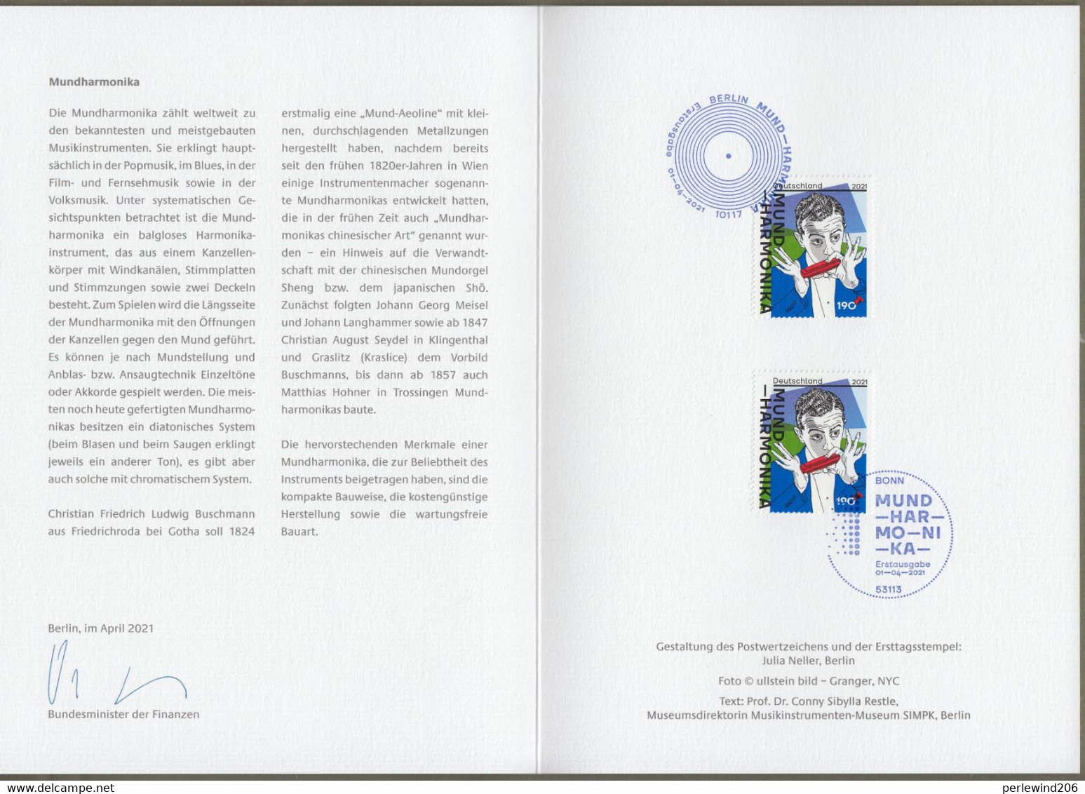 Bund: Minister Card - Ministerkarte Typ VII, Mi-Nr. 3601 ESST: " Mundharmonika "  X - Covers & Documents