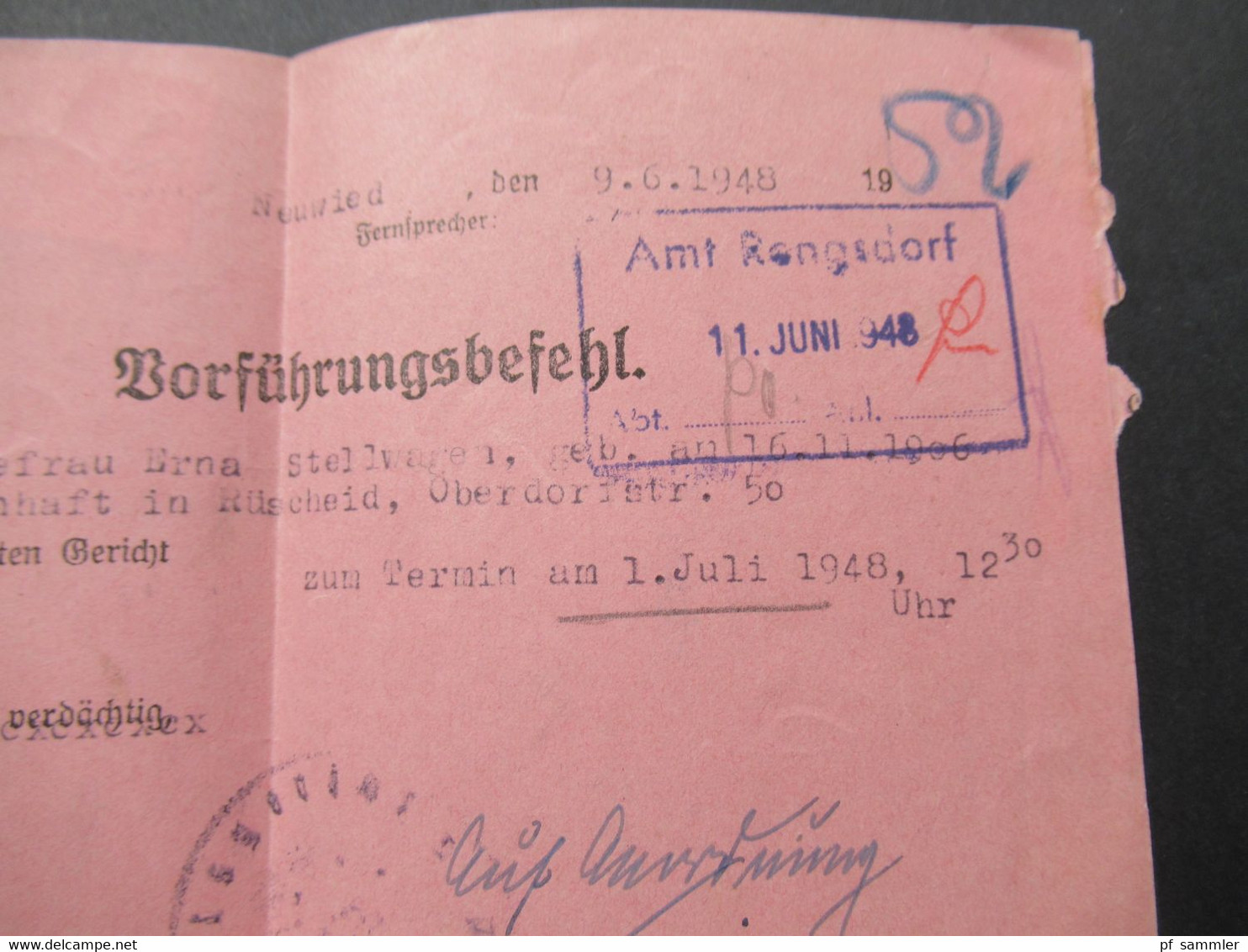 10.6.1948 Amtsgericht Neuwied Polizeiverwaltung / Gendarmeriestation Rengsdorf Vorführungsbefehl