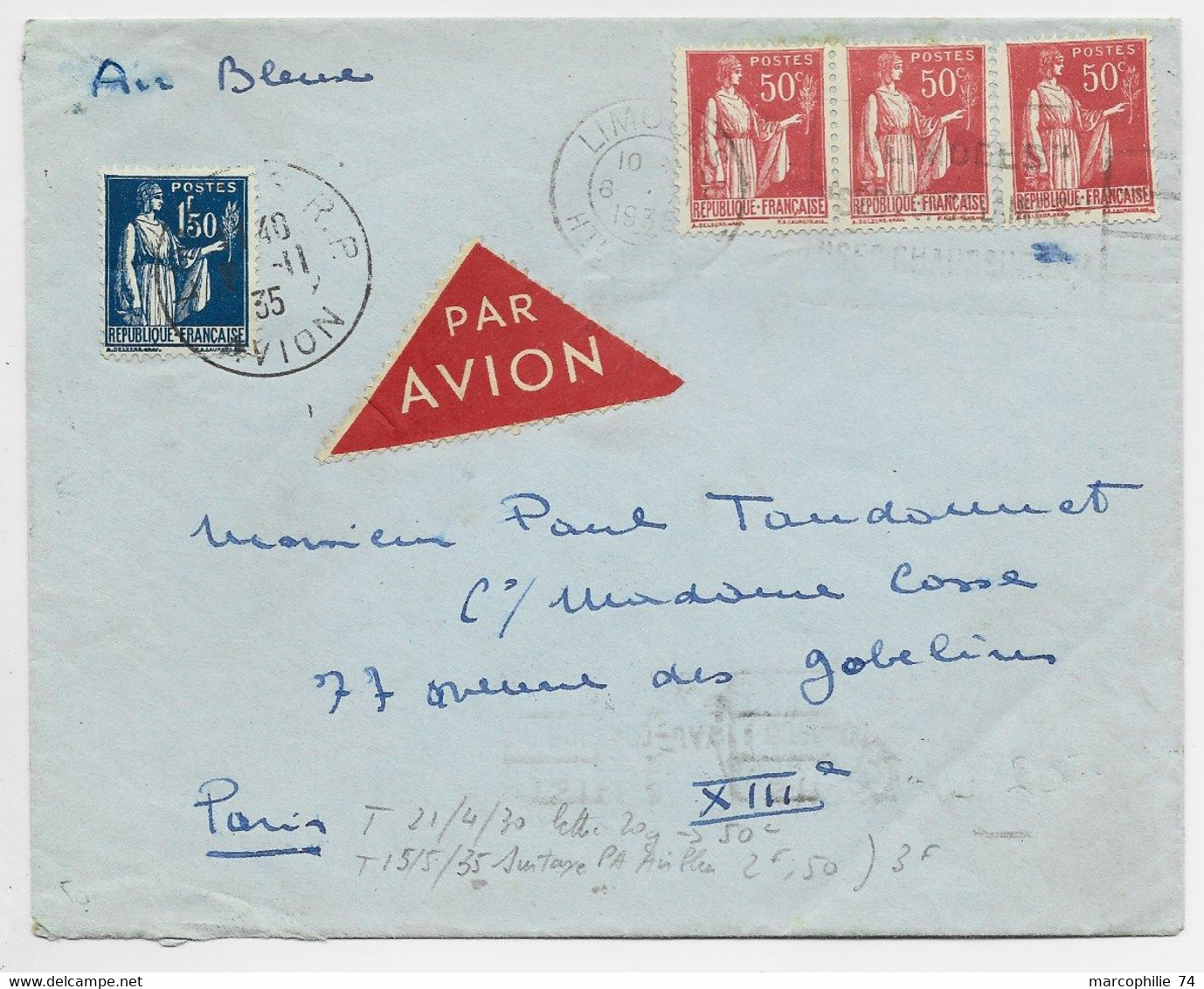 PAIX 1FR50+50CX3 LETTRE AIR BLEU + ETIQUETTE AVION LIMOGES RP AVION 8.11.1935 POUR PARIS - 1960-.... Brieven & Documenten