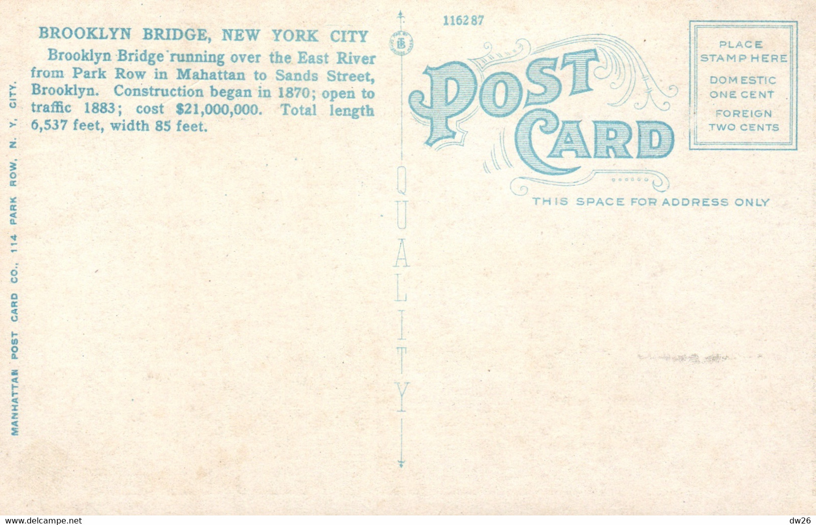 New York City - Brooklyn Bridge And Woolworth Building - Post Card Not Circulated - Brooklyn