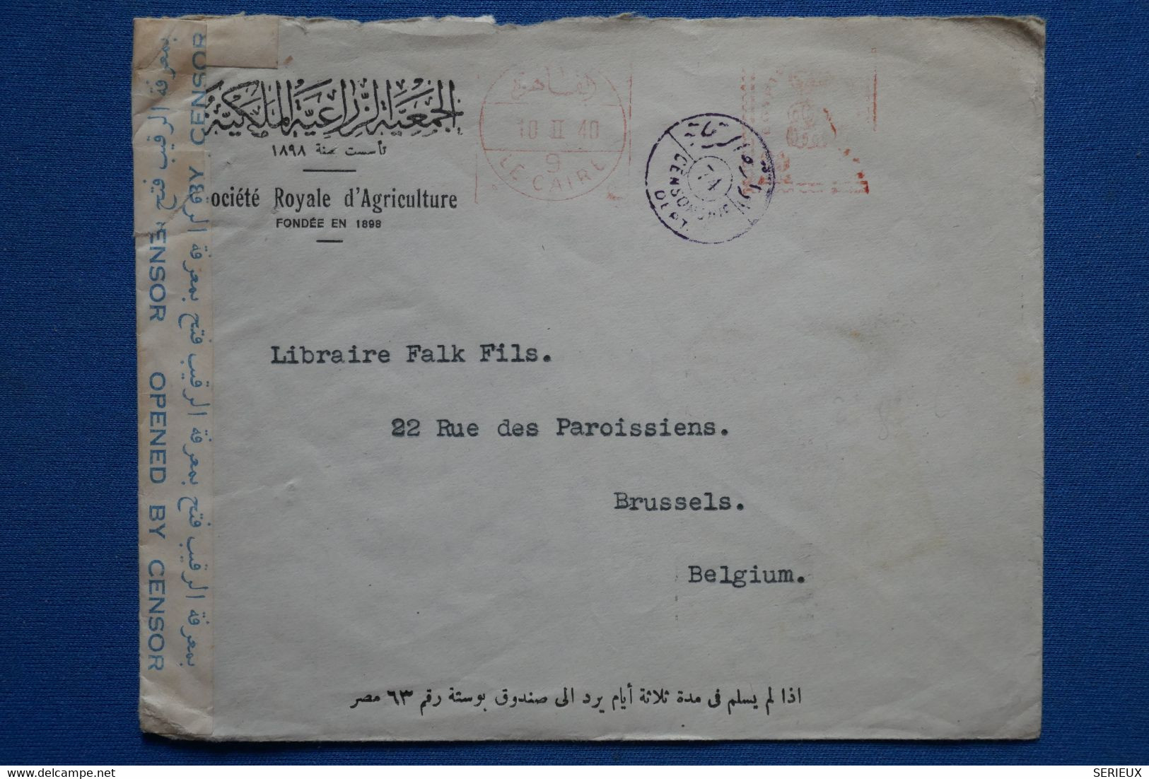 Z9 EGYPTE BELLE LETTRE RARE  CENSUREE 1940  LE CAIRE   POUR   BRUSSELS BELGIUM + AFFRANCH. INTERESSANT - 1915-1921 British Protectorate