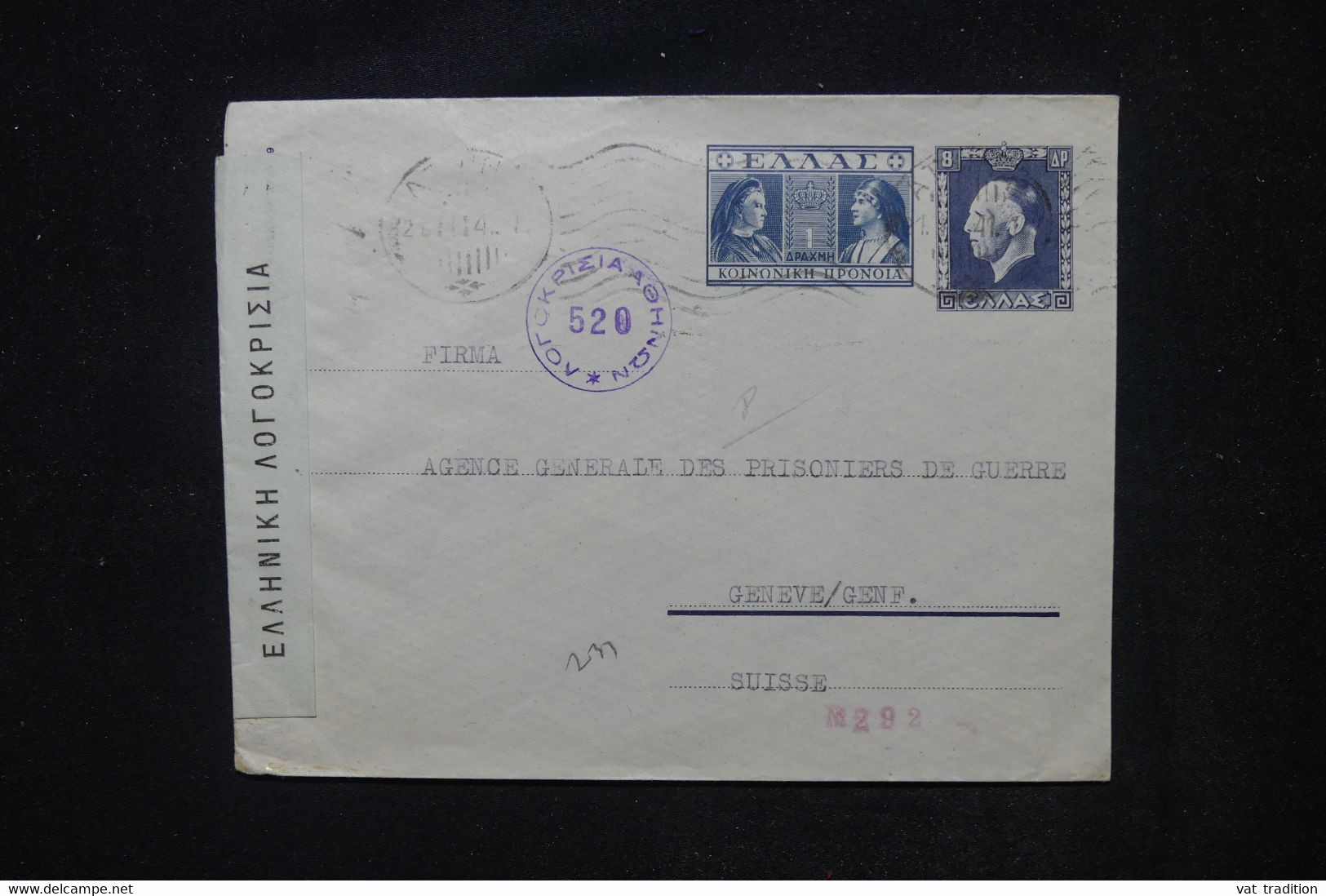 GRECE - Entier Postal De Athènes Pour L'Agence Des Prisonniers De Guerre De Genève Avec Contrôle Postal  - L 104269 - Enteros Postales