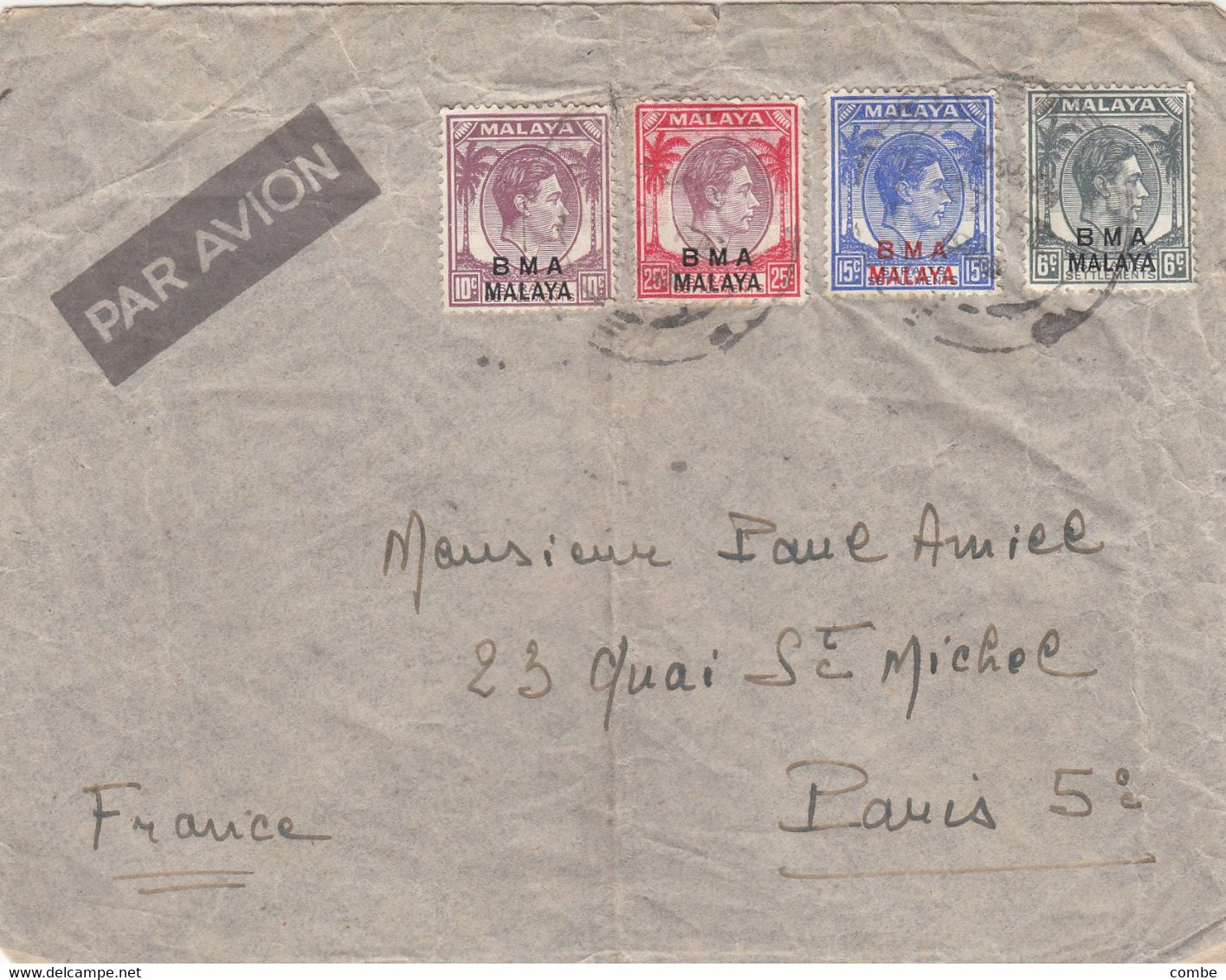 COVER. PAR AVION. BMA MALAYA. 4 COLOR. TO PARIS - Malaya (British Military Administration)