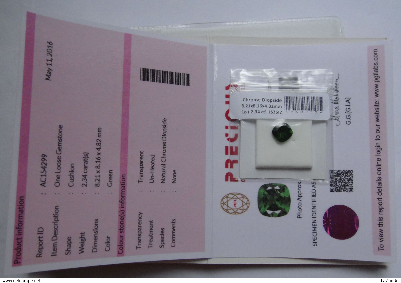 LaZooRo: Chrome Diopside 2.34ct - Certificate - Autres & Non Classés