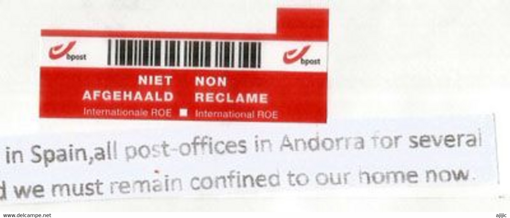 Lettre Andorre Envoyée En Belgique (Provincie Limburg), Pendant épidémie Covid19, Return To Sender. Deux Photos - Lettres & Documents