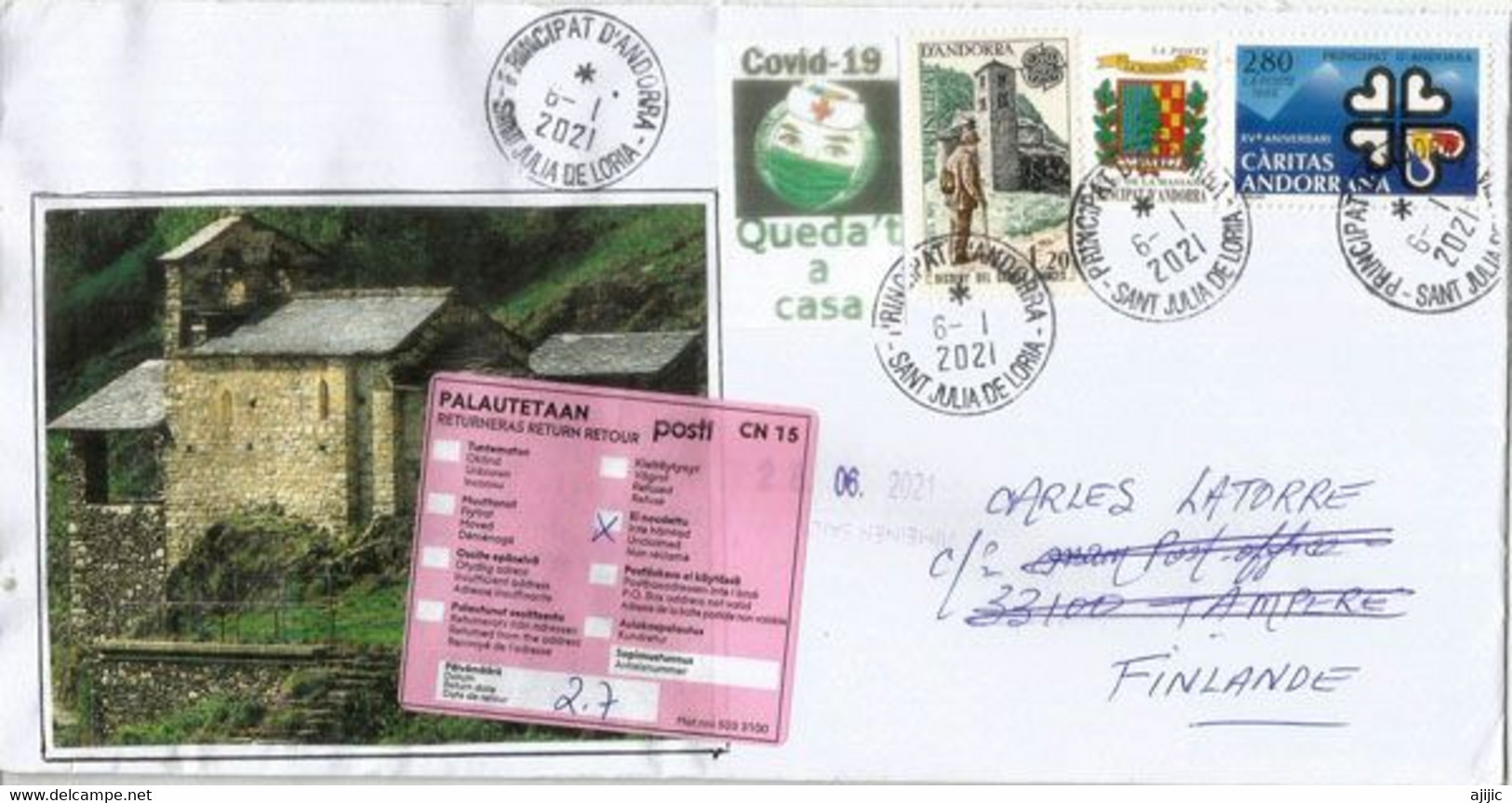 TAMPERE (Finland),unclaimed Letter From Andorra, To Tampere, Return To Sender, During Epidemic Covid19 - Storia Postale