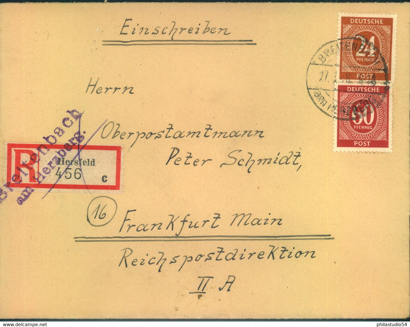 1946, Einschreiben Mit überstempeltem R-Zettel "Breitenbach Am Herzberg" (ursprünglich Hersdeld) - Other & Unclassified