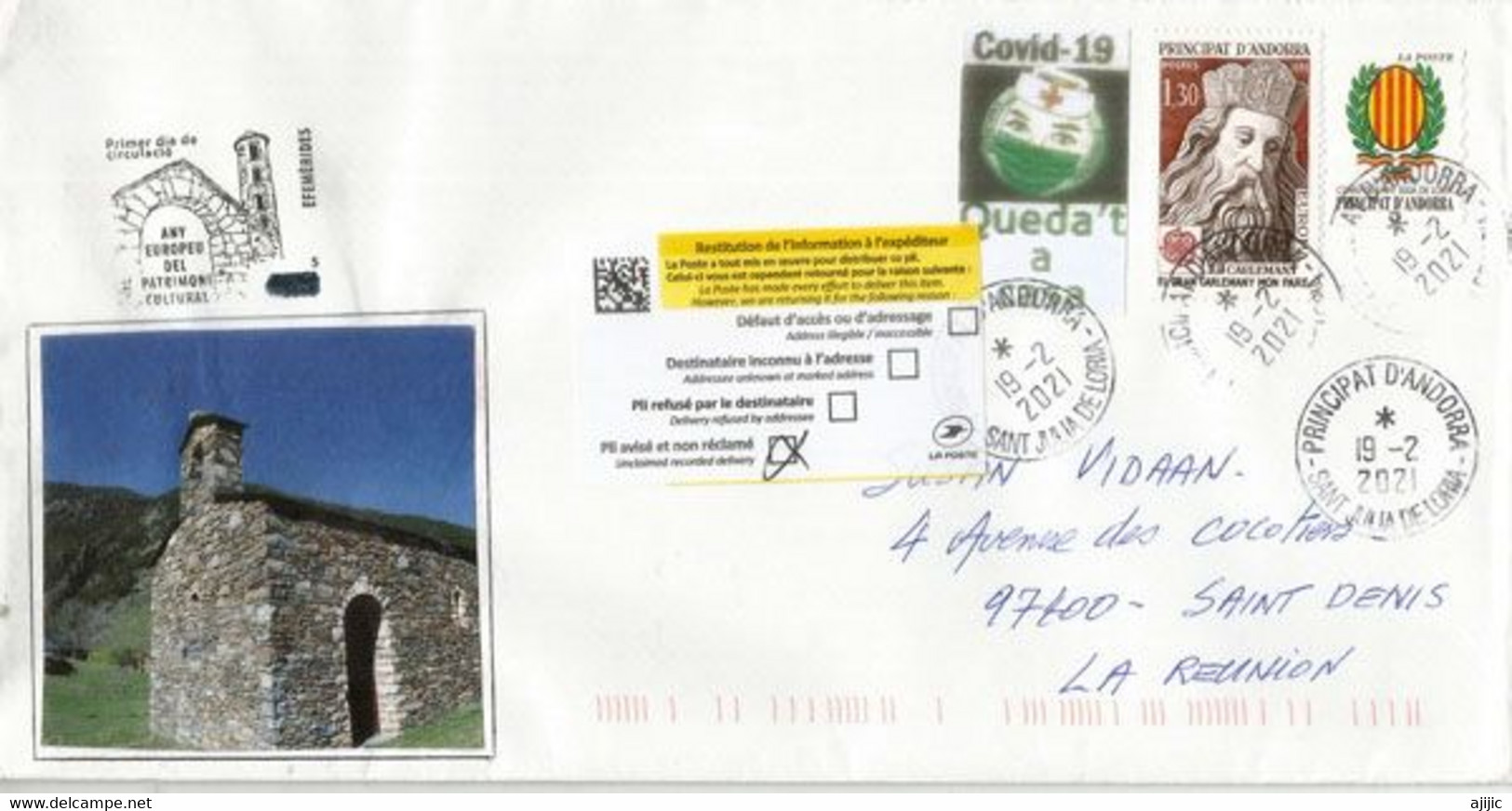 Lettre Andorre Adressée à St Denis (La Réunion), Pendant épidémie Covid19, Retour à L'expediteur, Deux Photos - Lettres & Documents