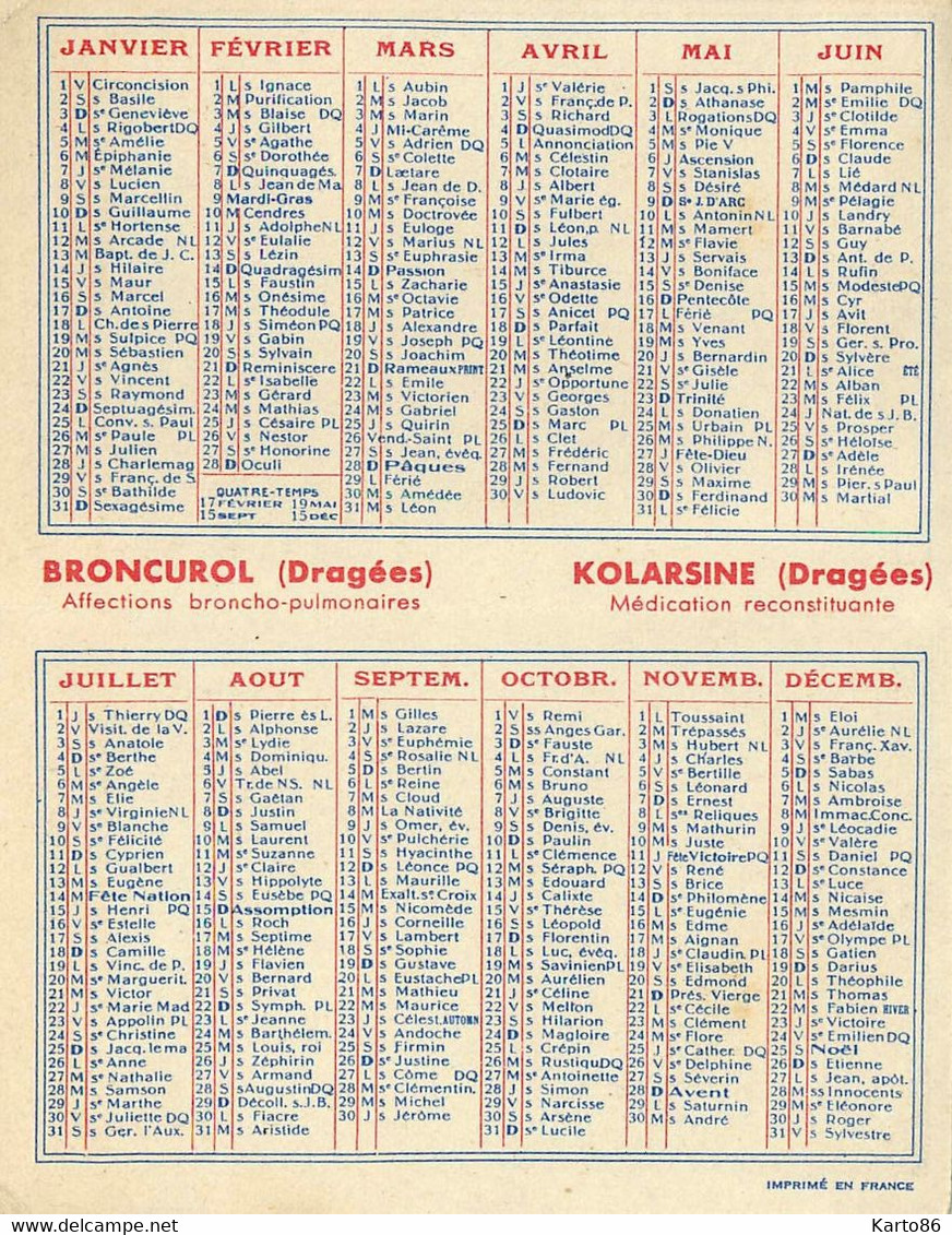 Petit Calendrier Ancien Publicitaire 1937 * Dragées BRONCUROL & KOLARSINE * Calendar Illustré Illustrateur Jean Droit - Formato Piccolo : 1921-40