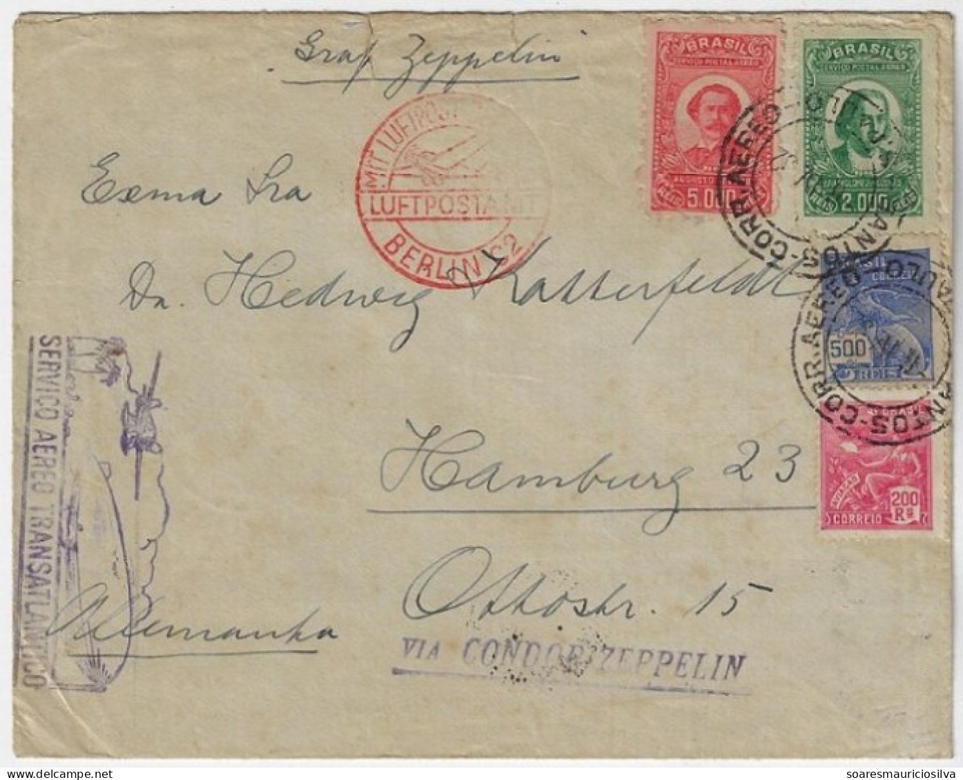 Brazil 1932 Airmail Condor Graf Zeppelin Cover From Santos To Hamburg Germany LZ-127 Friedrichshafen Flight To Berlin - Airmail (Private Companies)