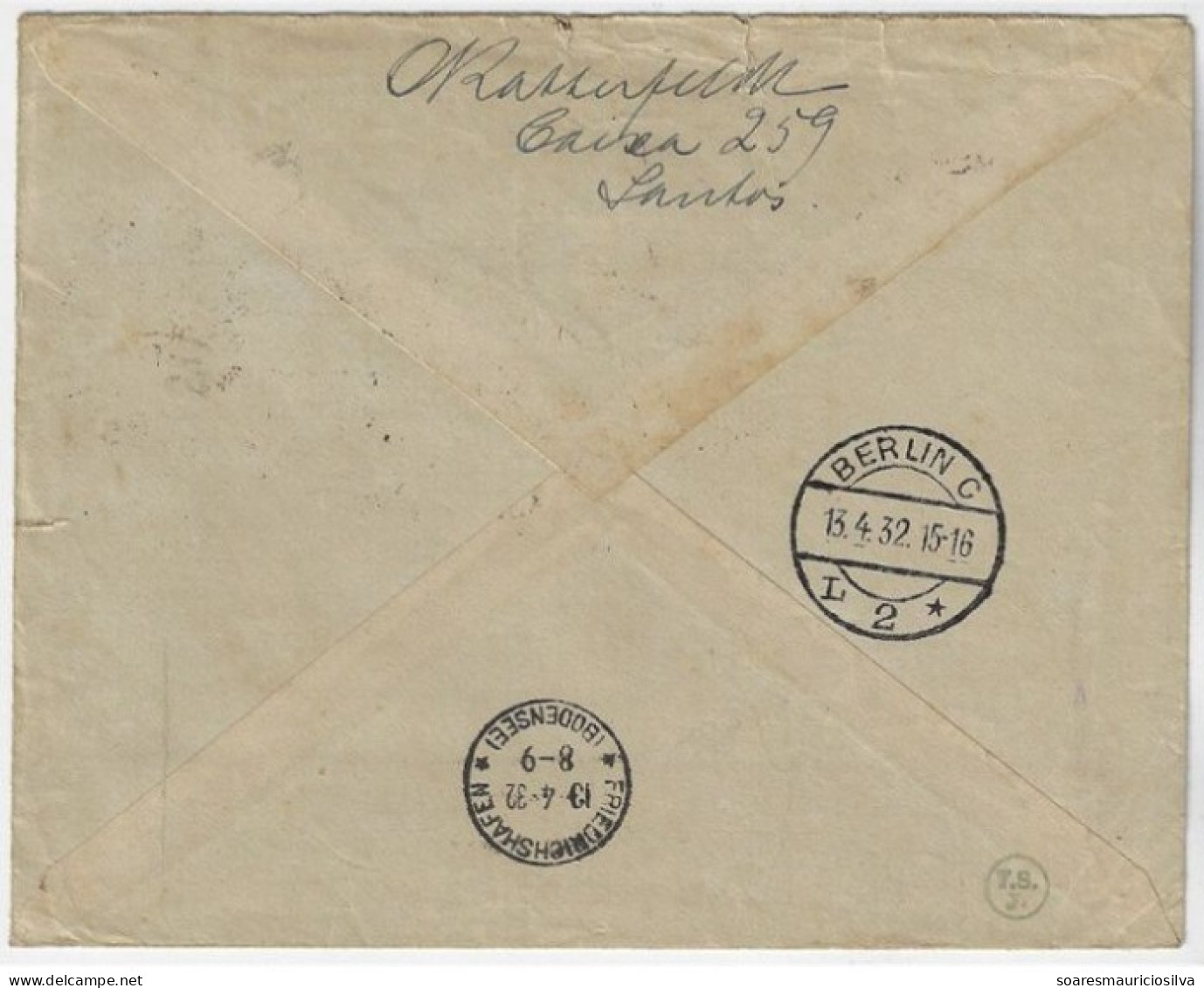 Brazil 1932 Airmail Condor Graf Zeppelin Cover From Santos To Hamburg Germany LZ-127 Friedrichshafen Flight To Berlin - Airmail (Private Companies)