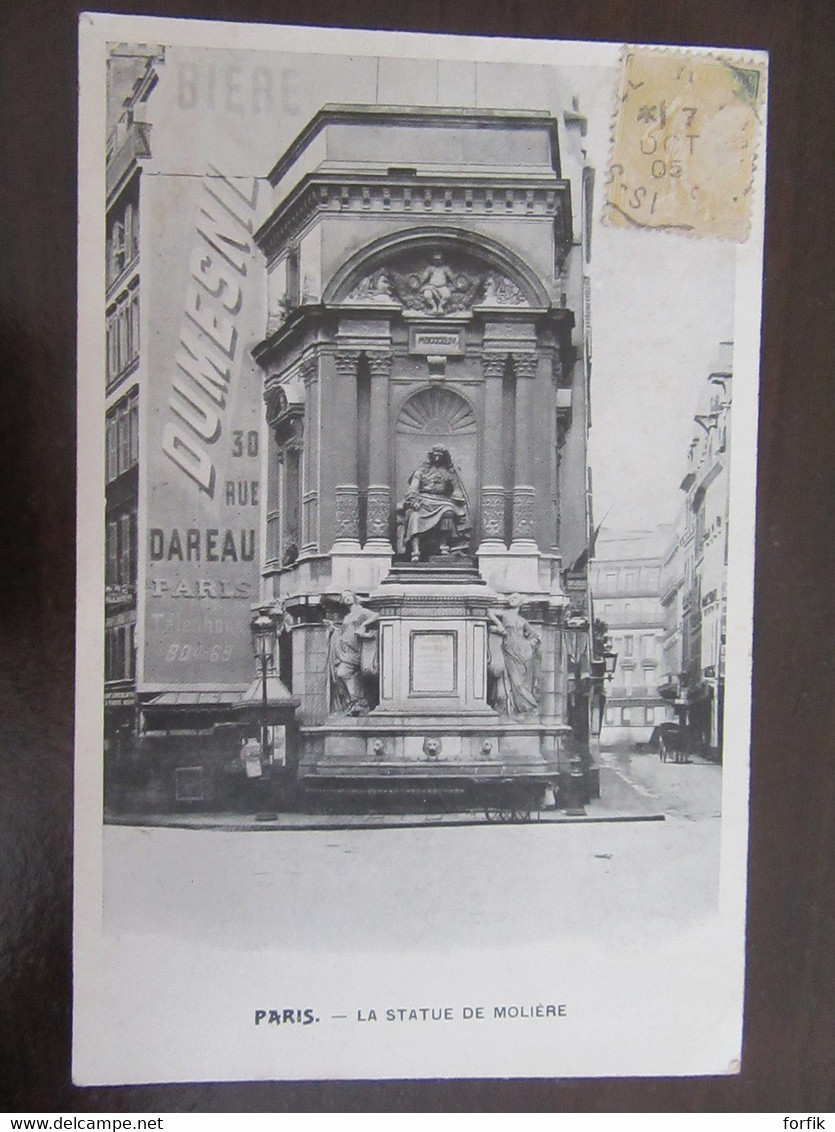 Timbres Semeuse 15c N°130 Quasi-entièrement Décoloré Sur CP De La Statue De Molière à Paris - 1905 - Brieven En Documenten