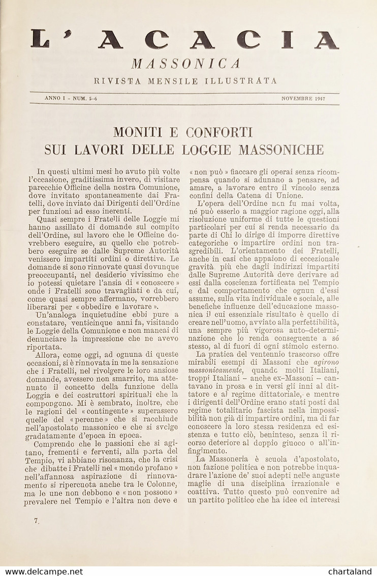 Rivista Illustrata Massoneria - L'Acacia N. 5-6 Anno I - Novembre 1947 - Autres & Non Classés