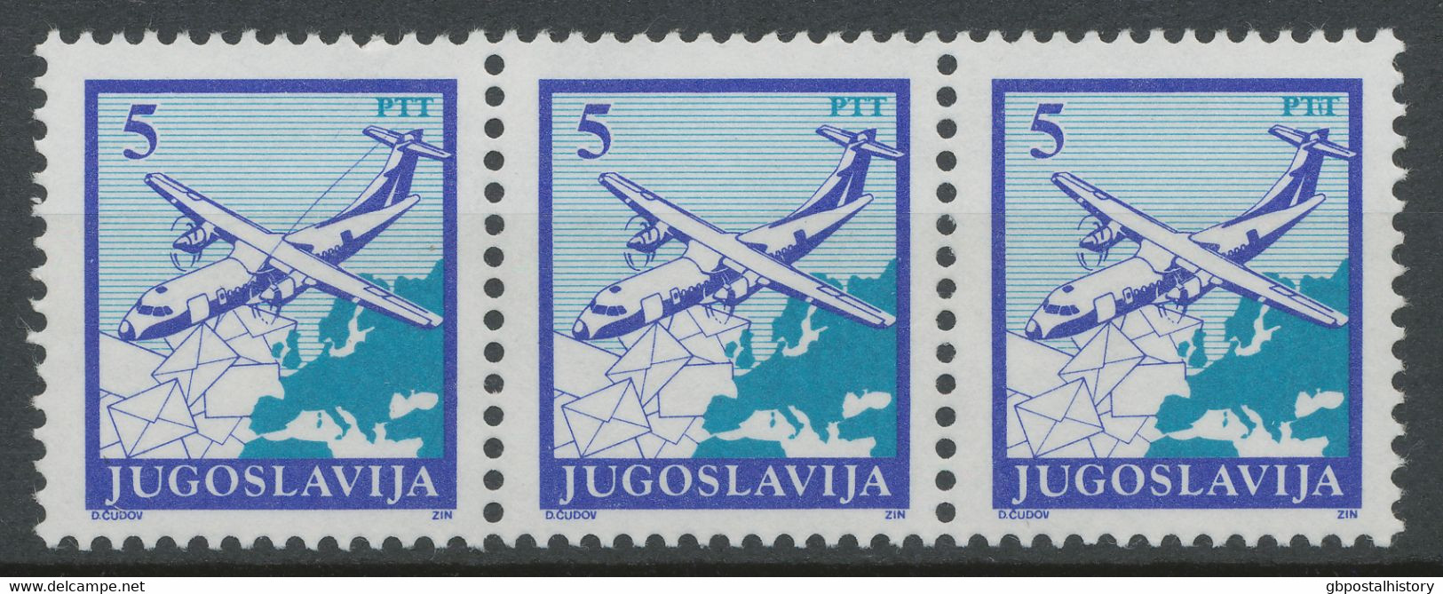 JUGOSLAWIEN 1990 5 (Din) Flugzeug Postfr. Kab.-3-er-Streifen, ABART: Linke Marke - Imperforates, Proofs & Errors