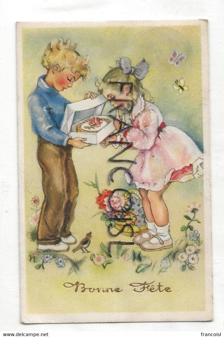 Bonne Fête. Couple D'enfants, Gâteau, Fleurs. 1951 - Sonstige & Ohne Zuordnung