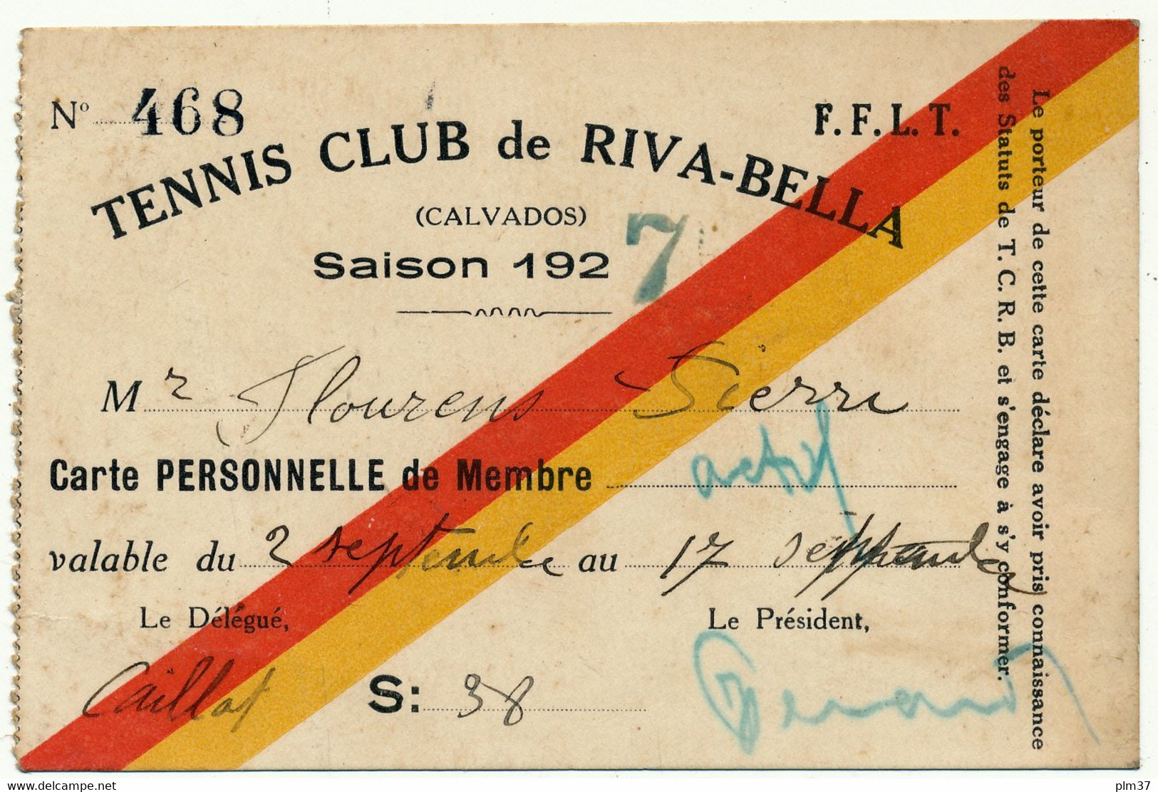 RIVA BELLA, 14 - Tennis Club, Carte De Membre 1927 - Other & Unclassified