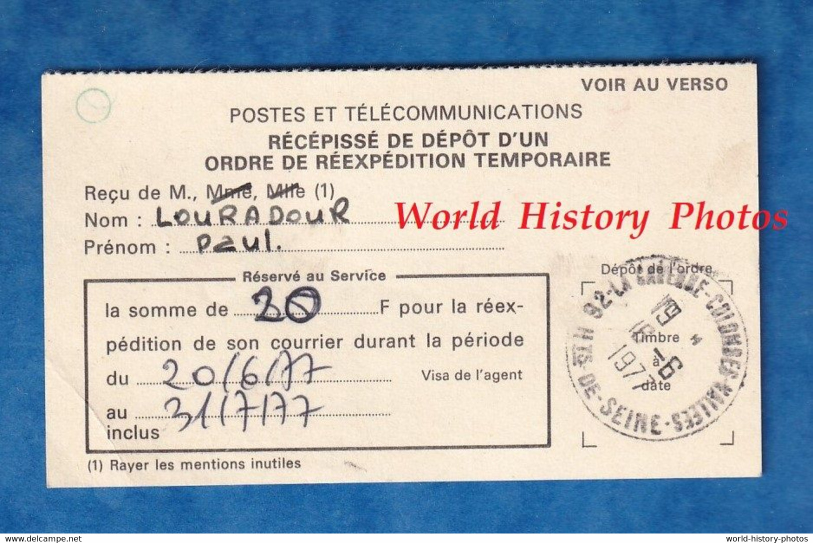 Document Ancien - Récépissé De Dépot D'un Ordre De Réexpédition Temporaire - 1977 - Cachet De La Garenne Colombes - Other & Unclassified