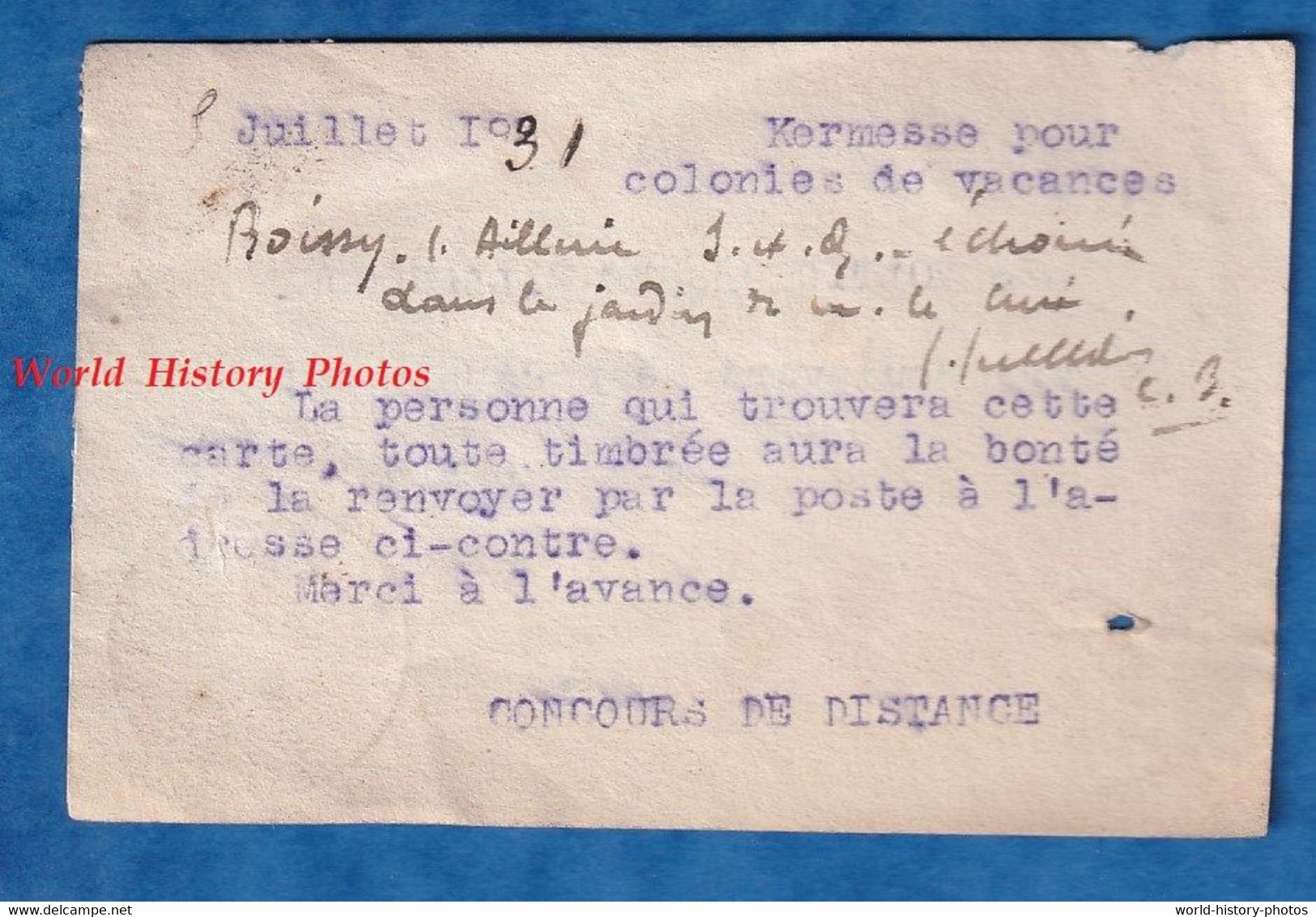 Document Ancien - Papier Lancé Par Ballon Et Tombé à BOISSY L' AILLERIE - 1931 - Les Voltigeurs De BILLANCOURT Colonie - Autres & Non Classés