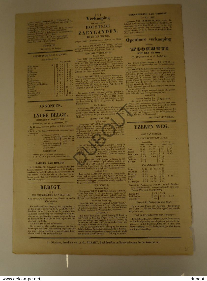 Krant:St-NIKLAAS:Gazette Van Het Land Van Waes - 27-3-1842 1ste Jaar Nr 1! (N708) - Informaciones Generales