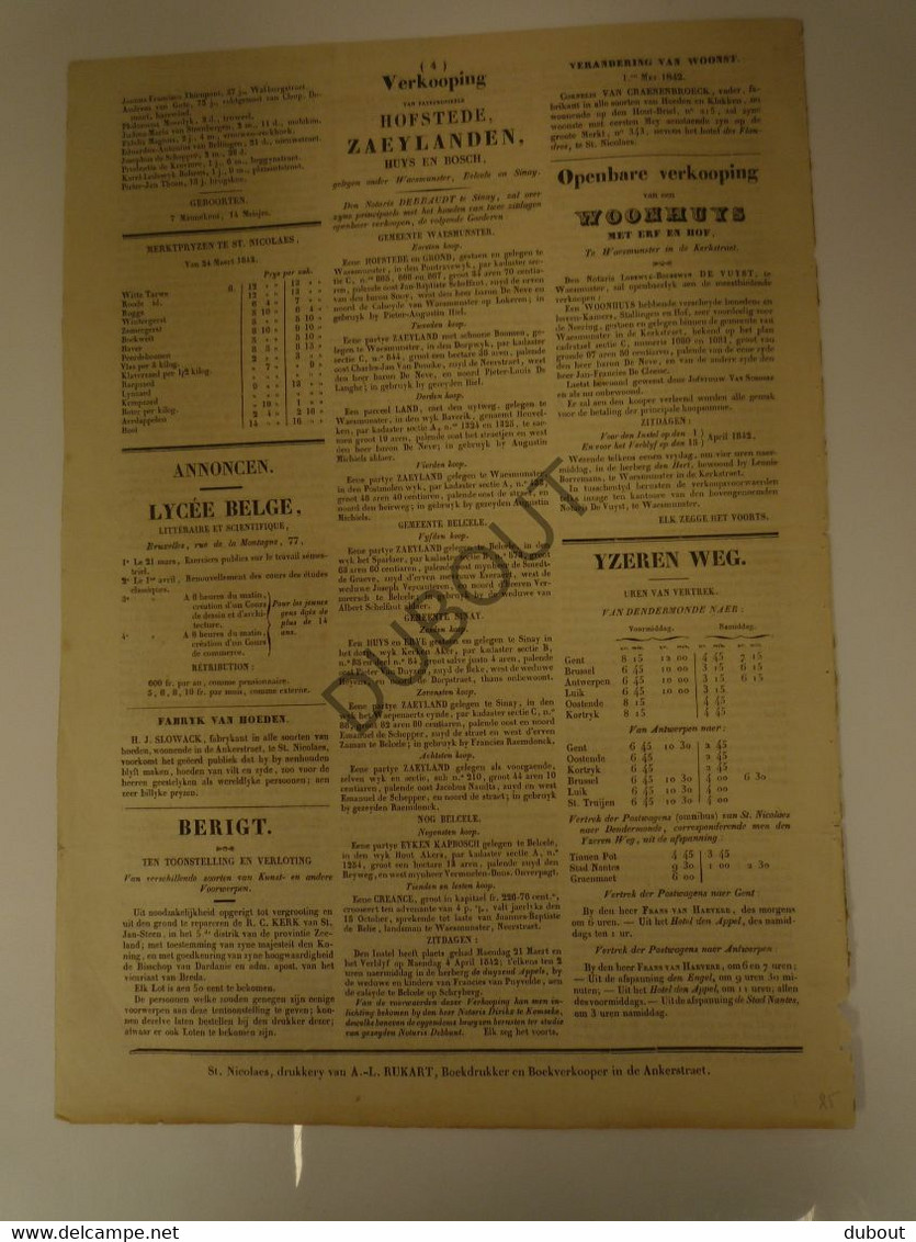 Krant:St-NIKLAAS:Gazette Van Het Land Van Waes - 27-3-1842 1ste Jaar Nr 1! (N708) - Informations Générales