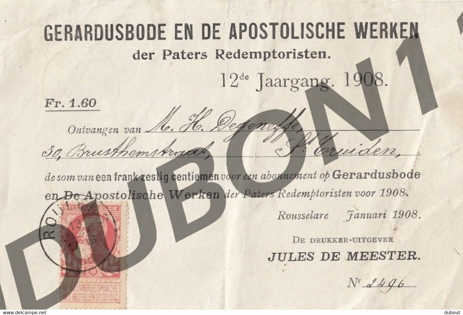 Roeselare - Krant Gerardusbode 1908 Abonnement- Drukker De Meester (G524) - Informations Générales