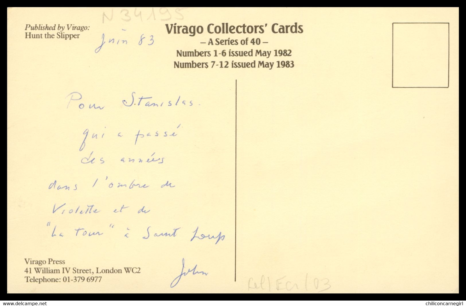 Virago Collector's Cards - VIOLTET TREFUSIS - Published By Virago - Hunt The Slipper - Edit. VIRAGO PRESS - Escritores