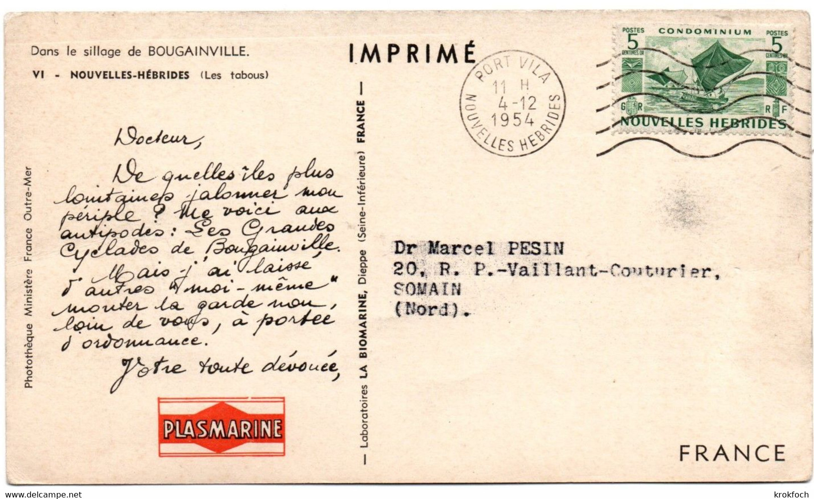 Port Vila 1954  - Carte Laboratoire Plasmarine Ionyl - Tabous Des Nouvelles Hébrides - Briefe U. Dokumente