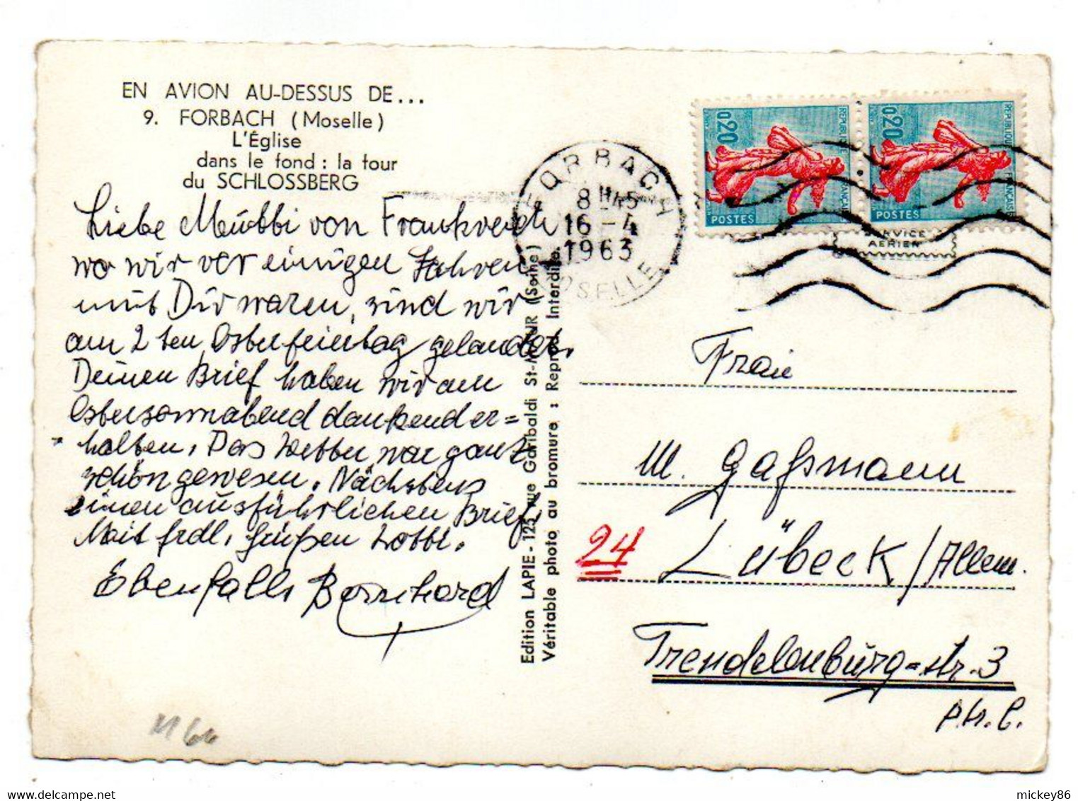 FORBACH--1963---Vue Aérienne-En Avion Au-dessus ..l'église...LAPIE...pas Très Courante.....timbre..cachet ... ..à Saisir - Forbach