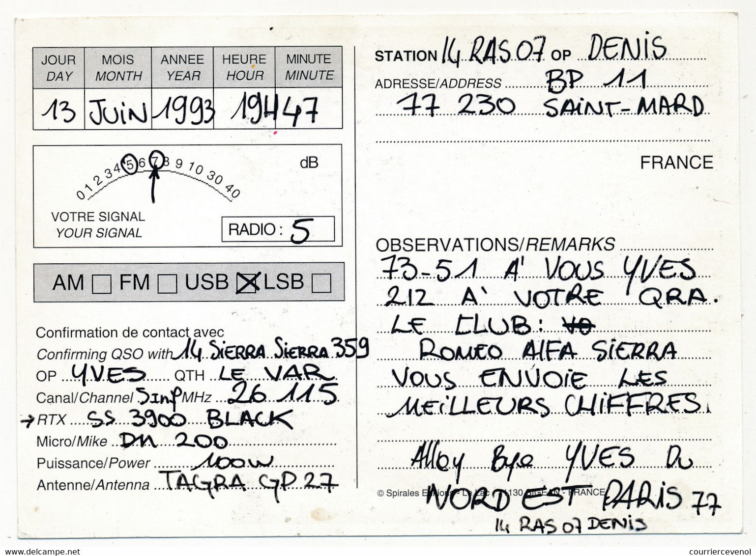 FRANCE - Carte Radio-amateur - FRANCE / Nord Est Paris 77 - 1993 - Radio Amateur