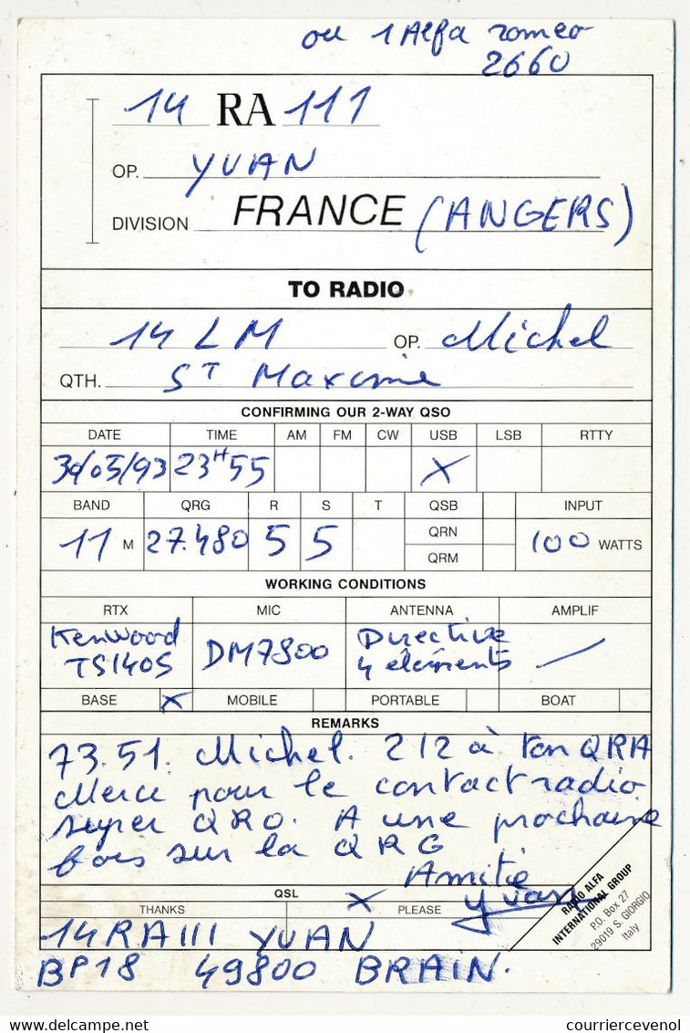 FRANCE - Carte Radio-amateur - FRANCE / ANGERS - 14 RA 111 - 1993 - Radio Alpha Group - Radio Amateur