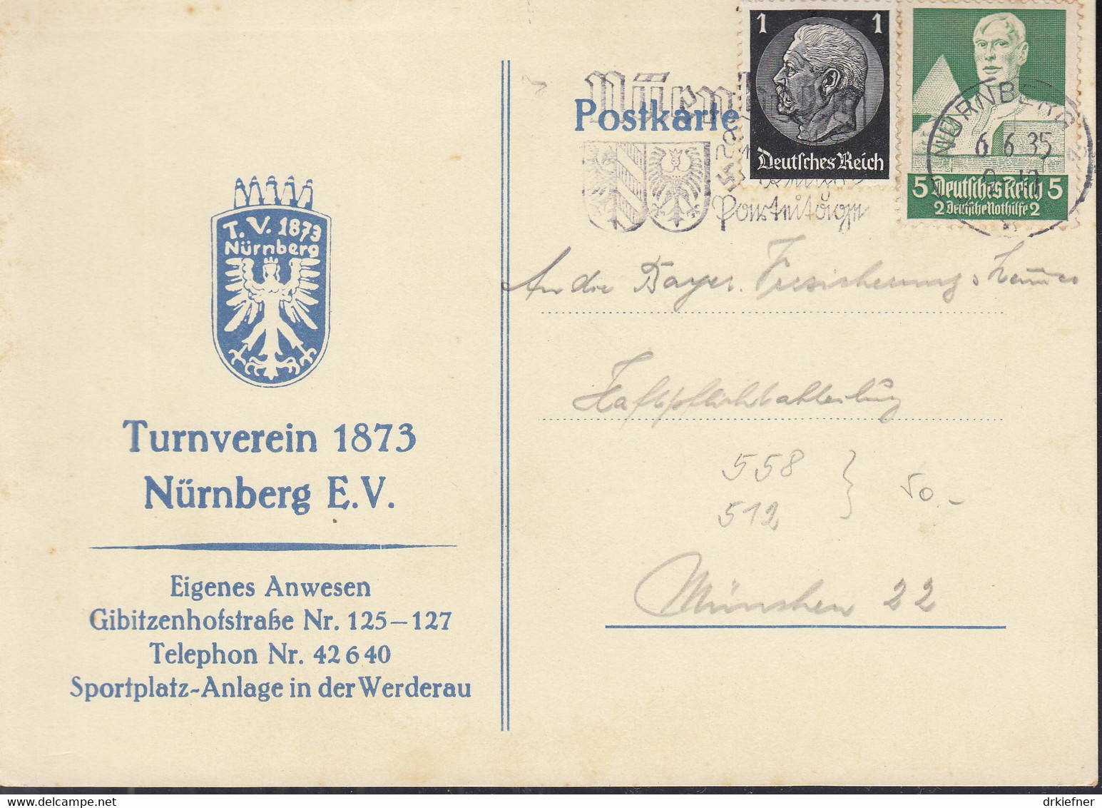 DR 558, 512 MiF Auf Postkartedes Turnvereins Nürnberg 1873 E.V., Mit Stempel: Nürnberg 6.6.1935 - Cartas & Documentos