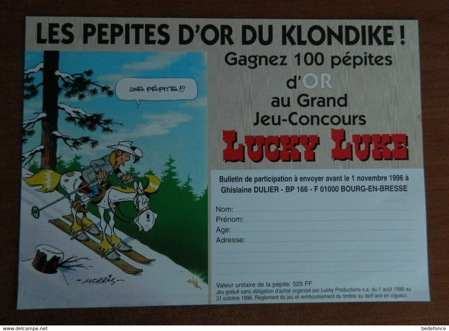 Lucky Luke - Publicité Jeu-concours: Les Pépites D'or Du Klondike - Morris - Objets Publicitaires