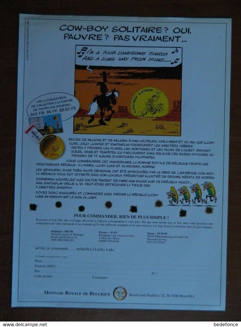 Lucky Luke - Publicité Monnaie Royale De Belgique - Morris - Objets Publicitaires