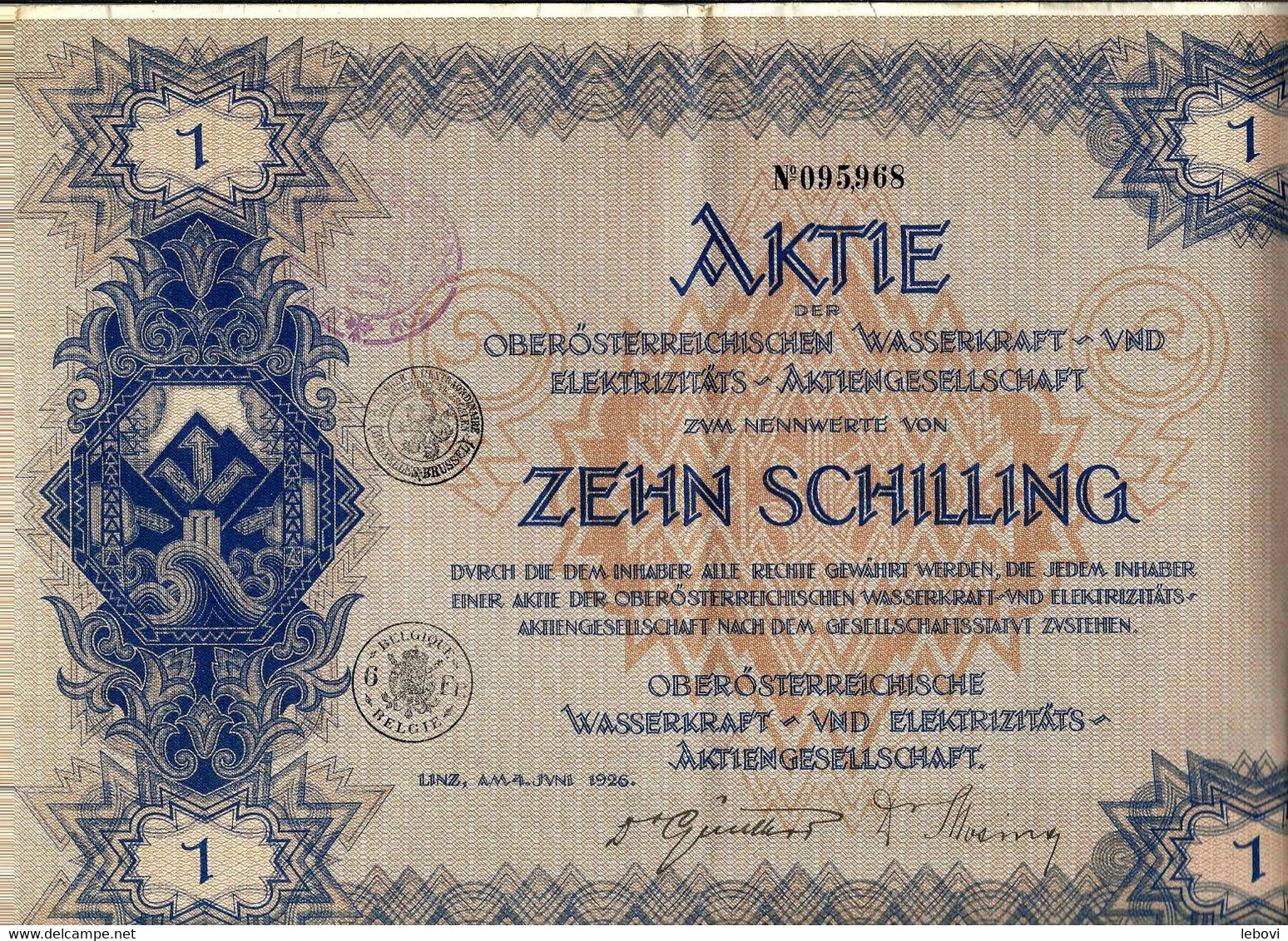 Autriche « Oberösterreichischen Wasserkraft Und Electrizität’s Actiengesellschaft » Aktie Von 10 Schilling (1926) - Electricidad & Gas