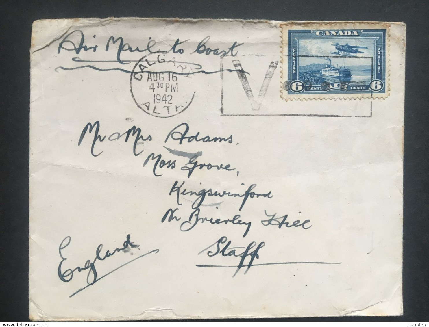 CANADA 1942 Cover Calgary To Staffordshire England With V... Boxed Postmark - Covers & Documents