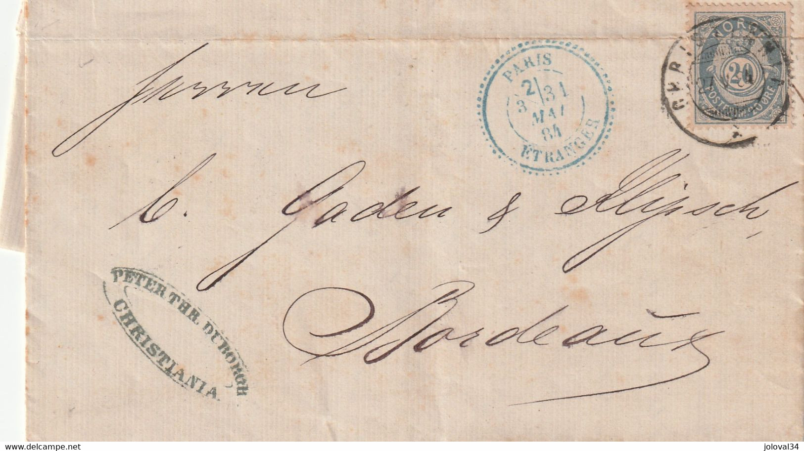 Norvège Lettre Entête Peter Thr Duborgh CHRISTIANA 27/5/1884 Pour Paris Passe Paris étranger - Briefe U. Dokumente