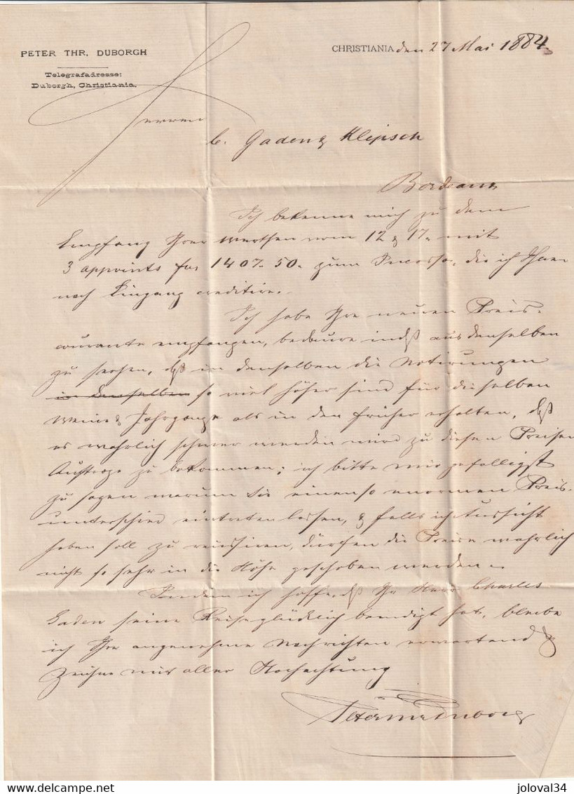 Norvège Lettre Entête Peter Thr Duborgh CHRISTIANA 27/5/1884 Pour Paris Passe Paris étranger - Briefe U. Dokumente