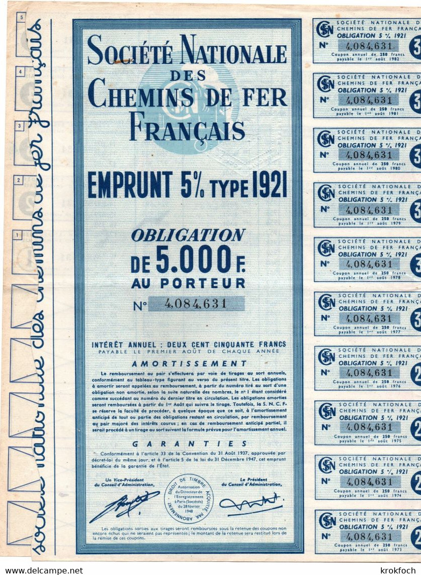 SNCF Obligation Emprunt 1947 - 1000 F & 5000 F - Complet Avec Tous Les Coupons - Train Zug Railway - S - V